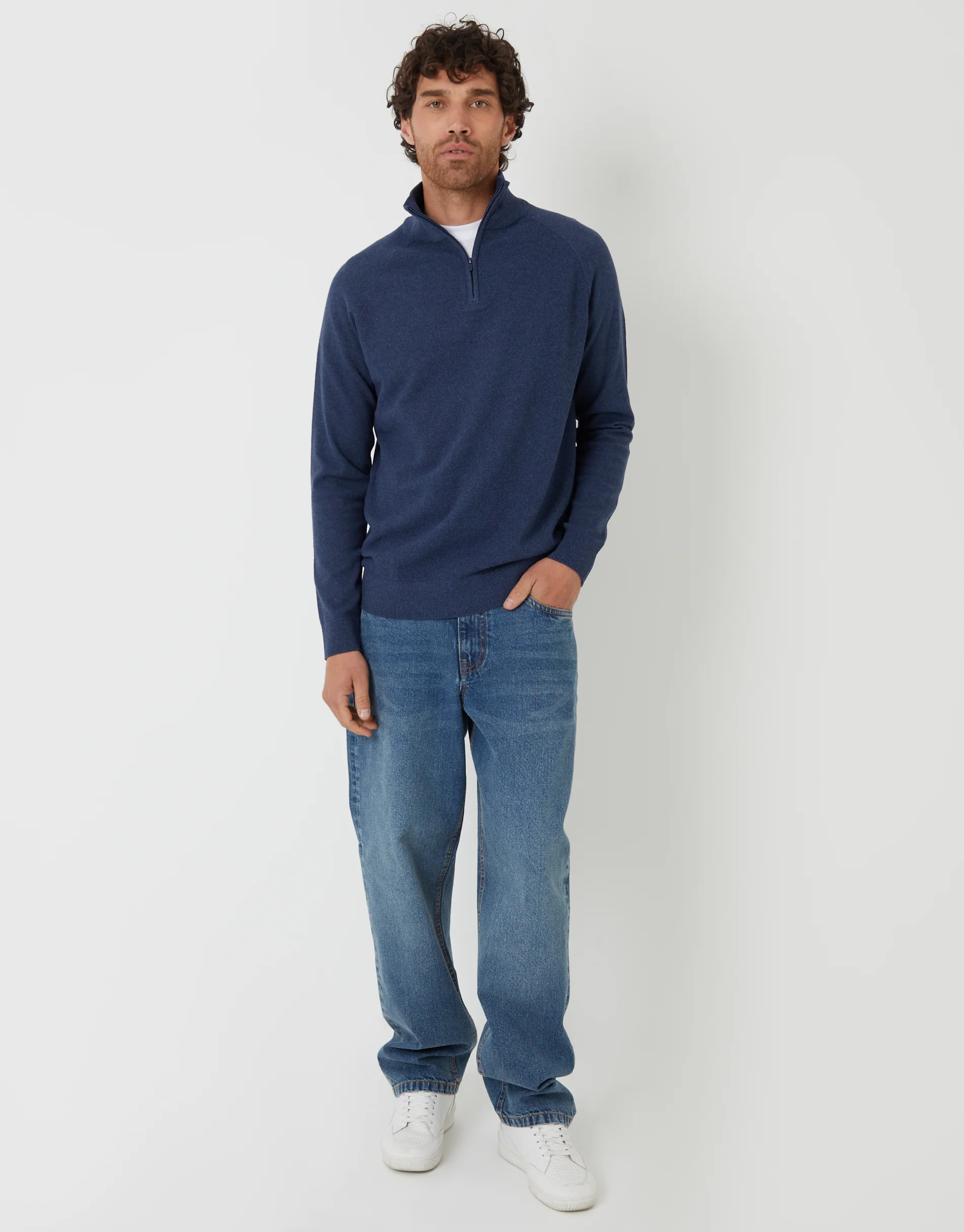 Raglan Knitted Quarter Zip Jumper in Denim Blue - Image 3
