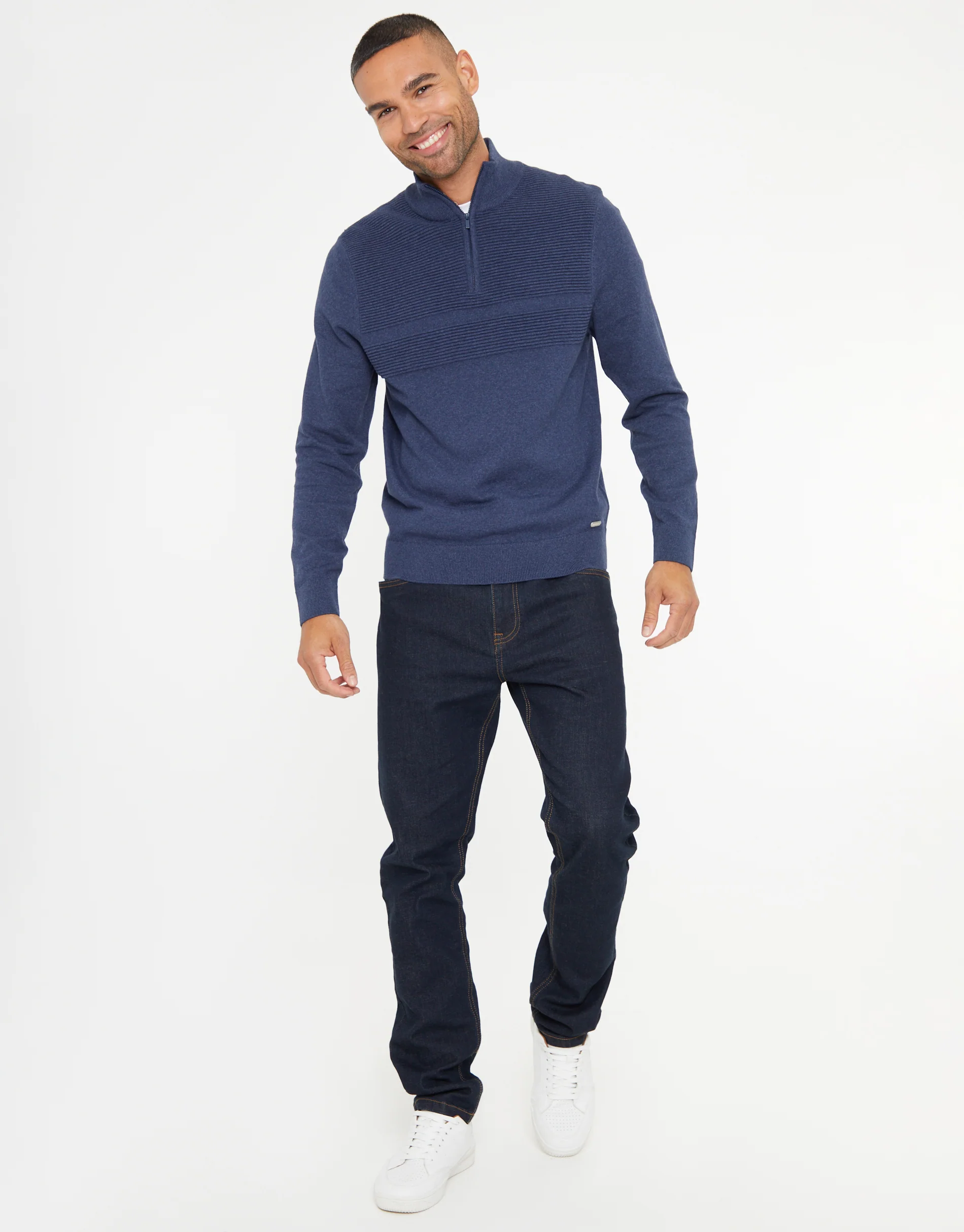 Rib Detail Knitted Quarter Zip Jumper in Denim Blue - Image 3