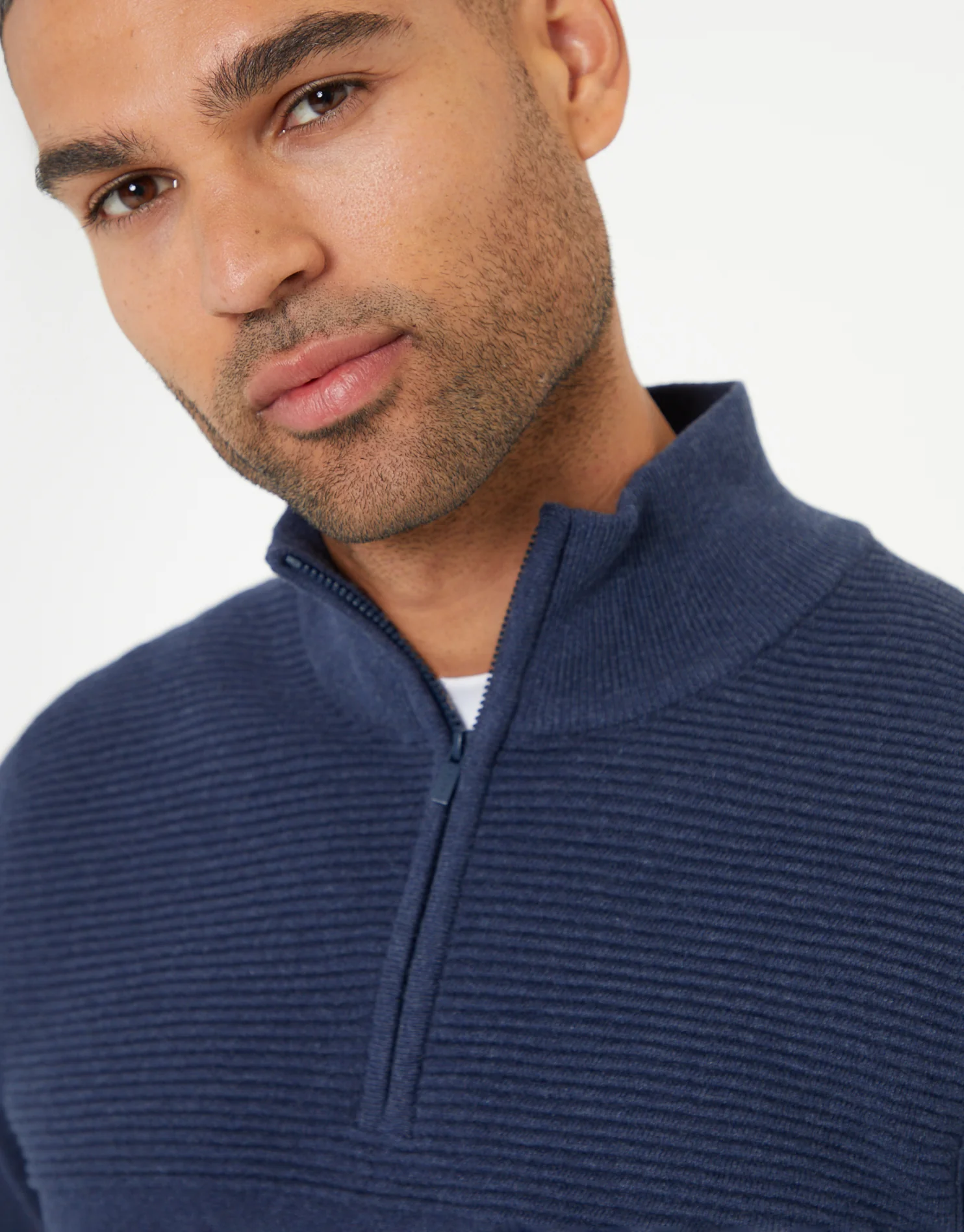 Rib Detail Knitted Quarter Zip Jumper in Denim Blue - Image 4