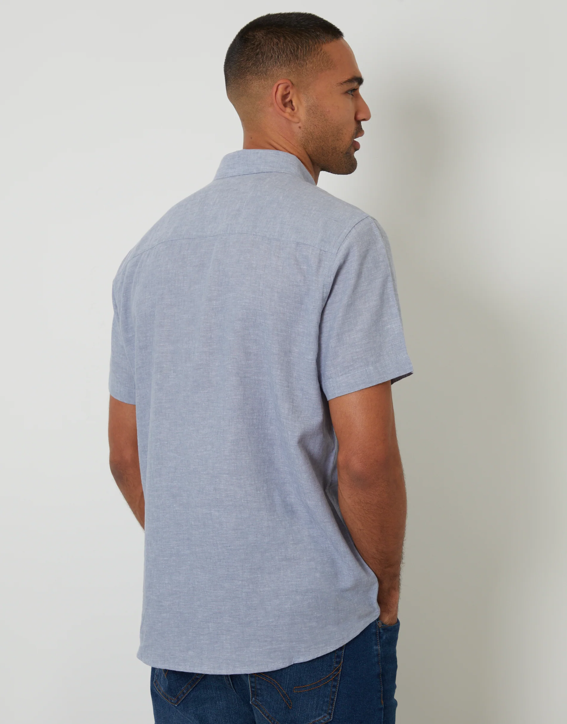 Short Sleeve Linen Blend Shirt in Denim Blue - Image 2