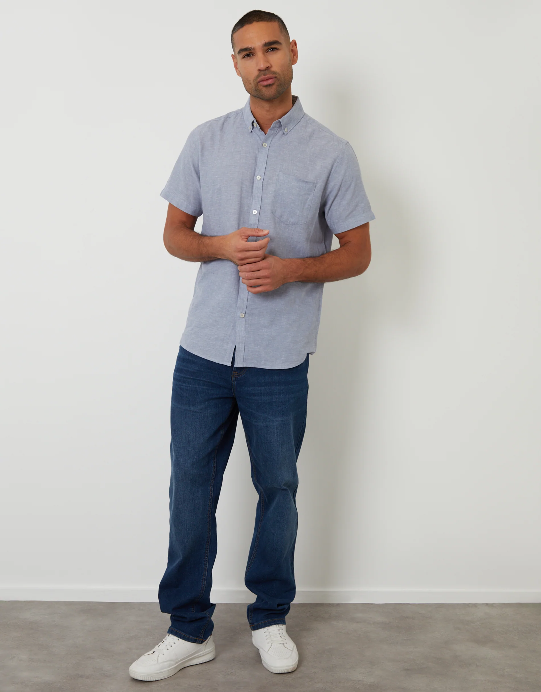 Short Sleeve Linen Blend Shirt in Denim Blue - Image 3