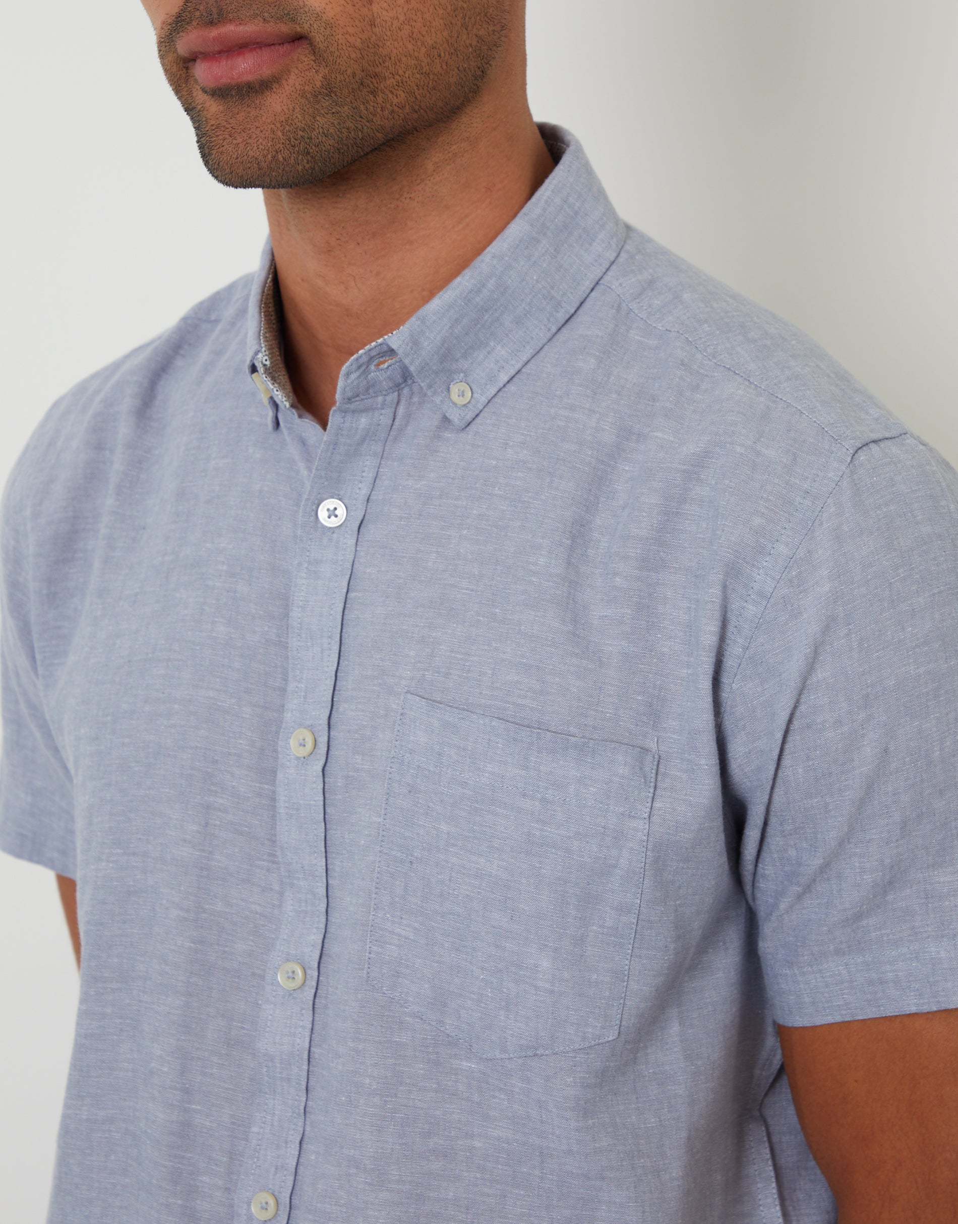 Short Sleeve Linen Blend Shirt in Denim Blue - Image 4