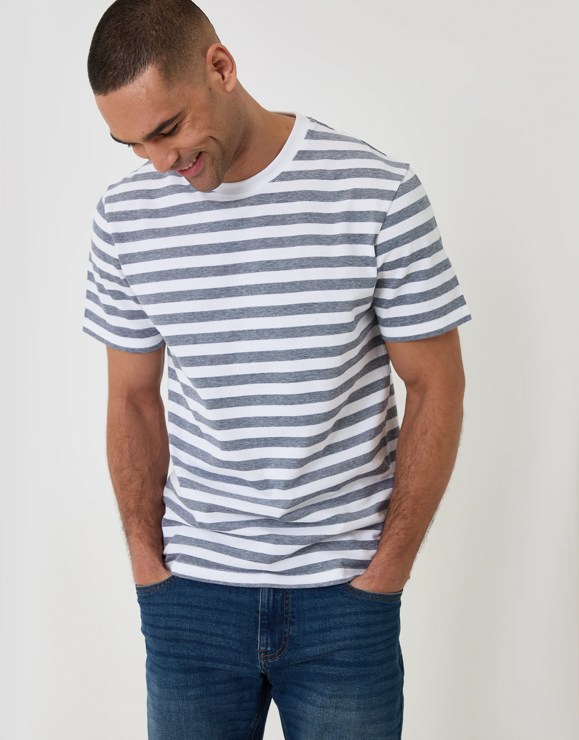 Cotton Pique T-Shirt in Denim Blue Stripe