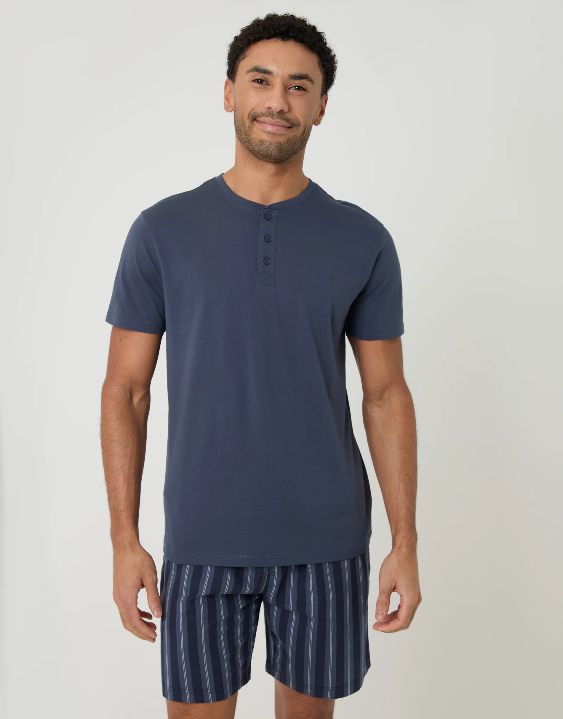 Grandad Pyjama Top & Shorts Set in Denim Blue Stripe