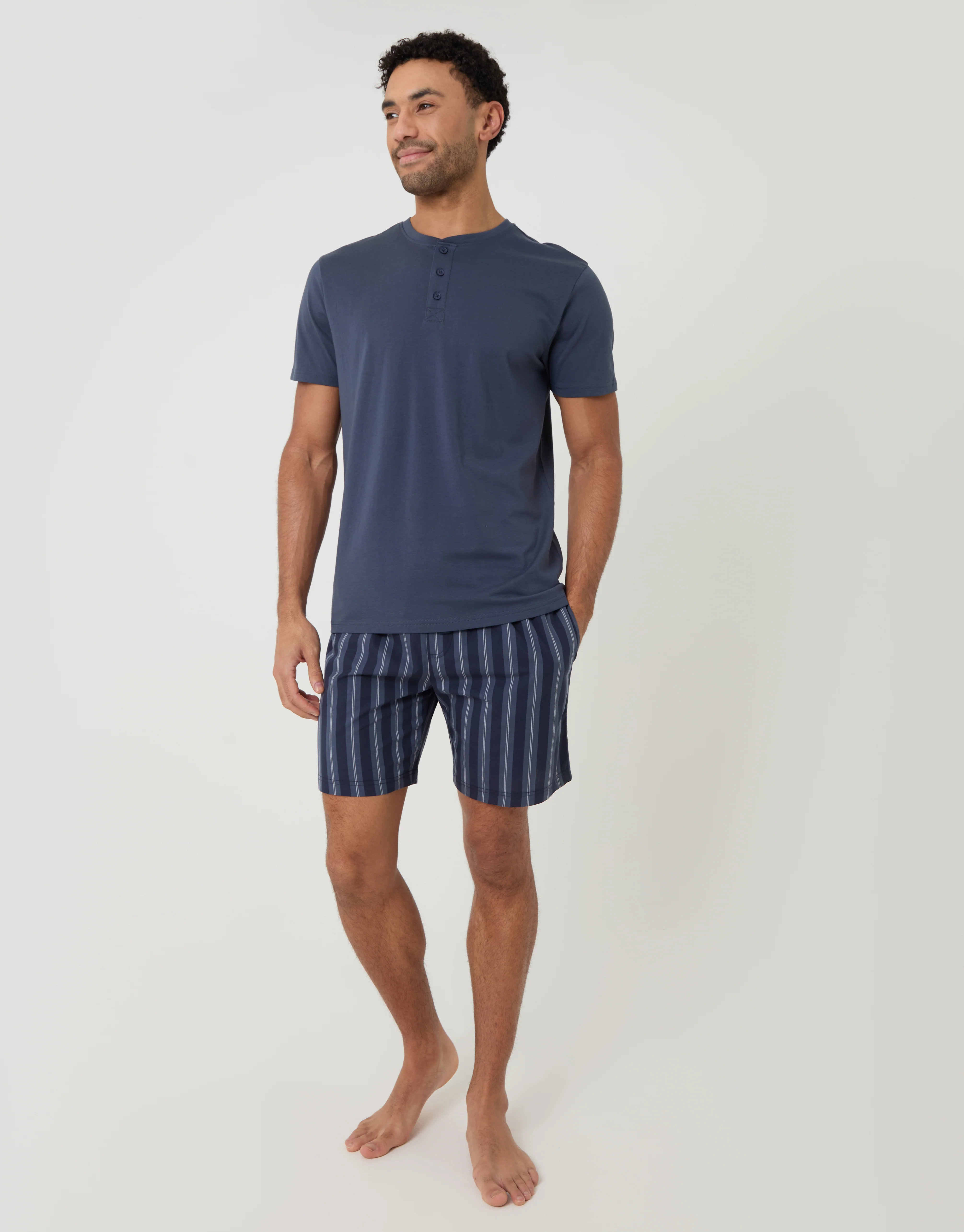 Grandad Pyjama Top & Shorts Set in Denim Blue Stripe - Image 3
