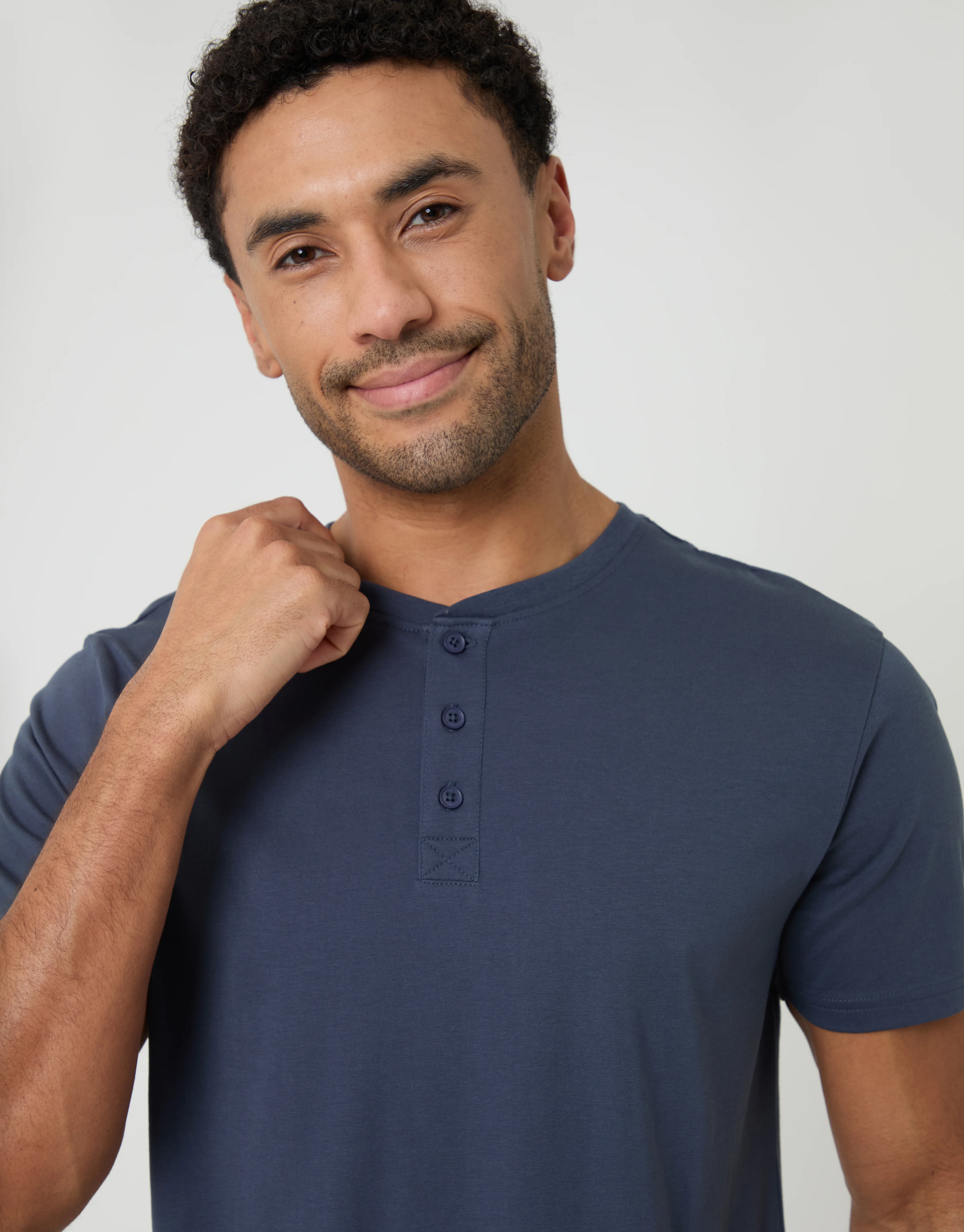Grandad Pyjama Top & Shorts Set in Denim Blue Stripe - Image 4