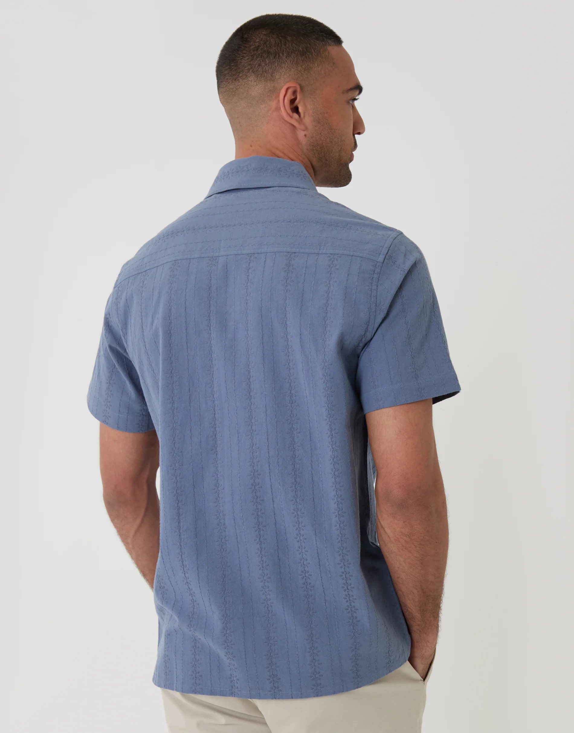 Textured Cotton Short Sleeve Shirt in Denim Blue - Image 2