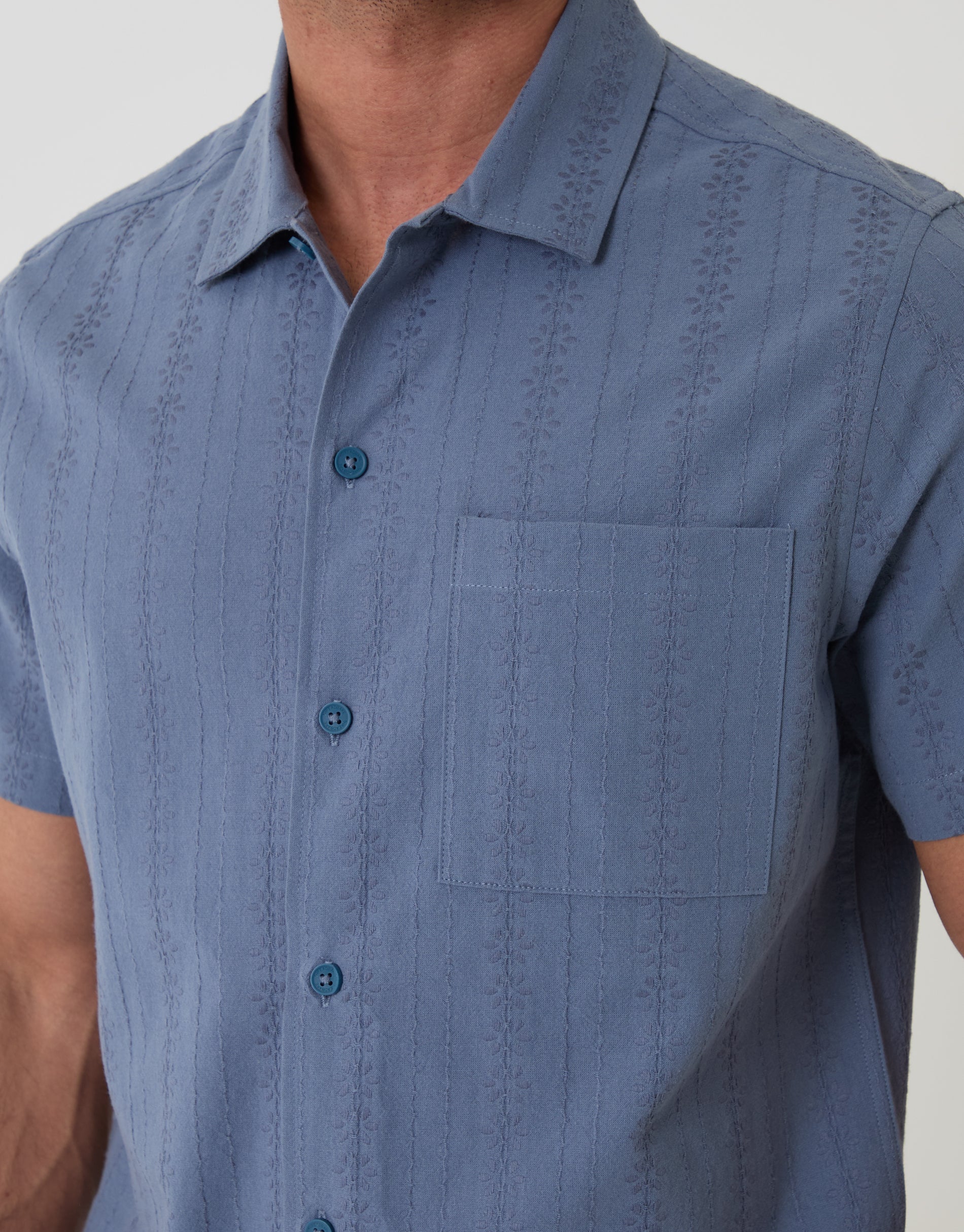Textured Cotton Short Sleeve Shirt in Denim Blue - Image 4