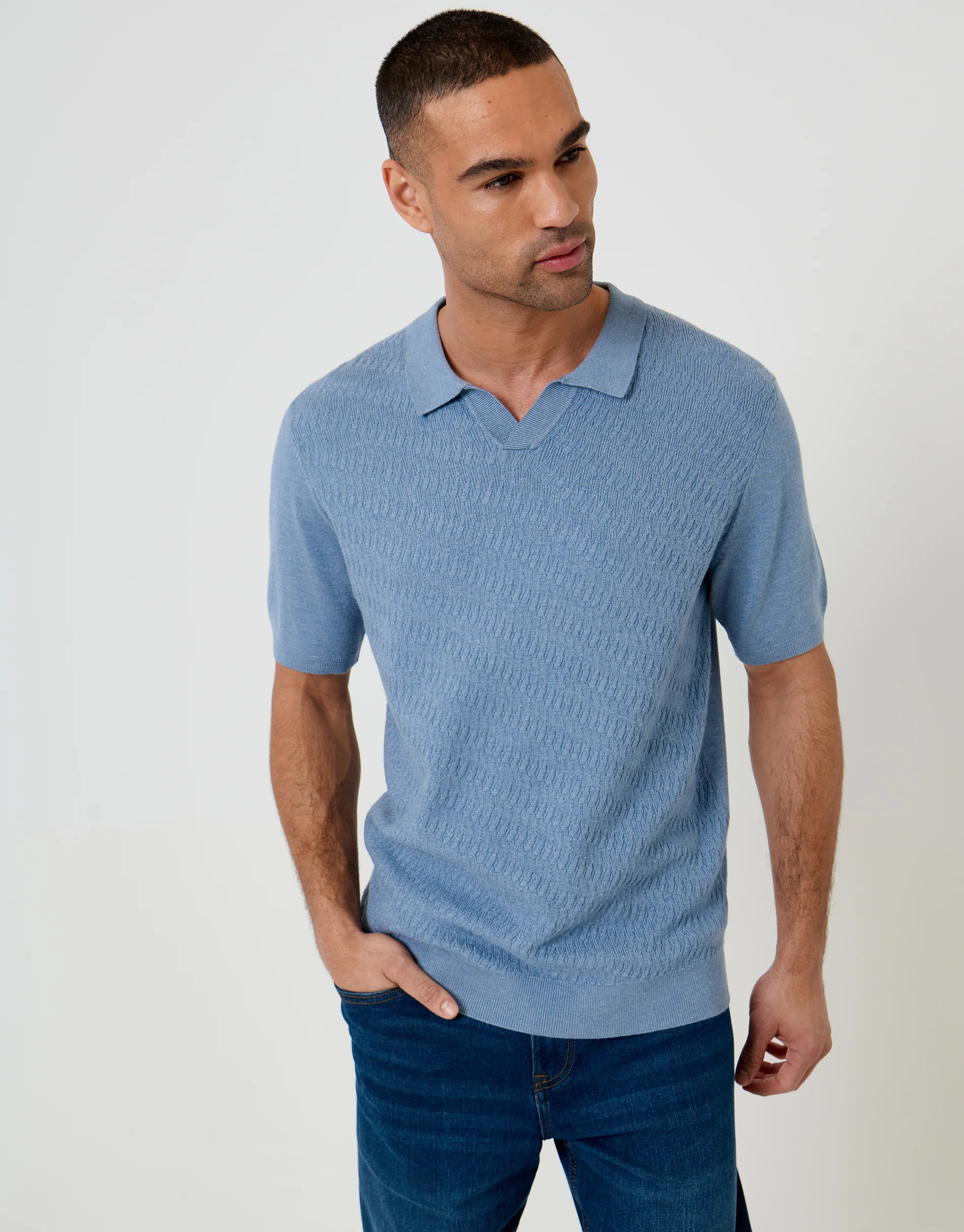 Textured Knit Front Trophy Neck Polo in Denim Blue