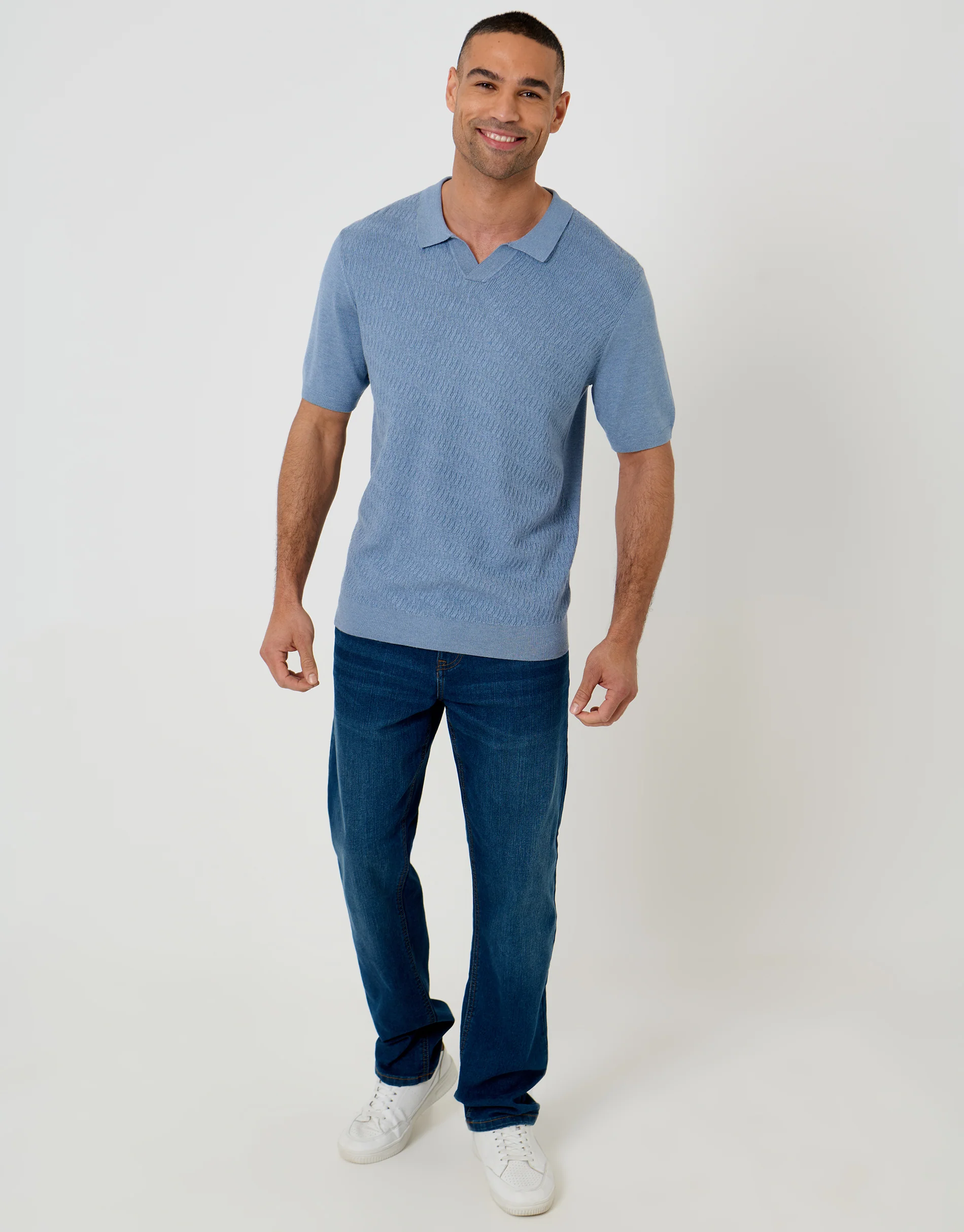 Textured Knit Front Trophy Neck Polo in Denim Blue - Image 3