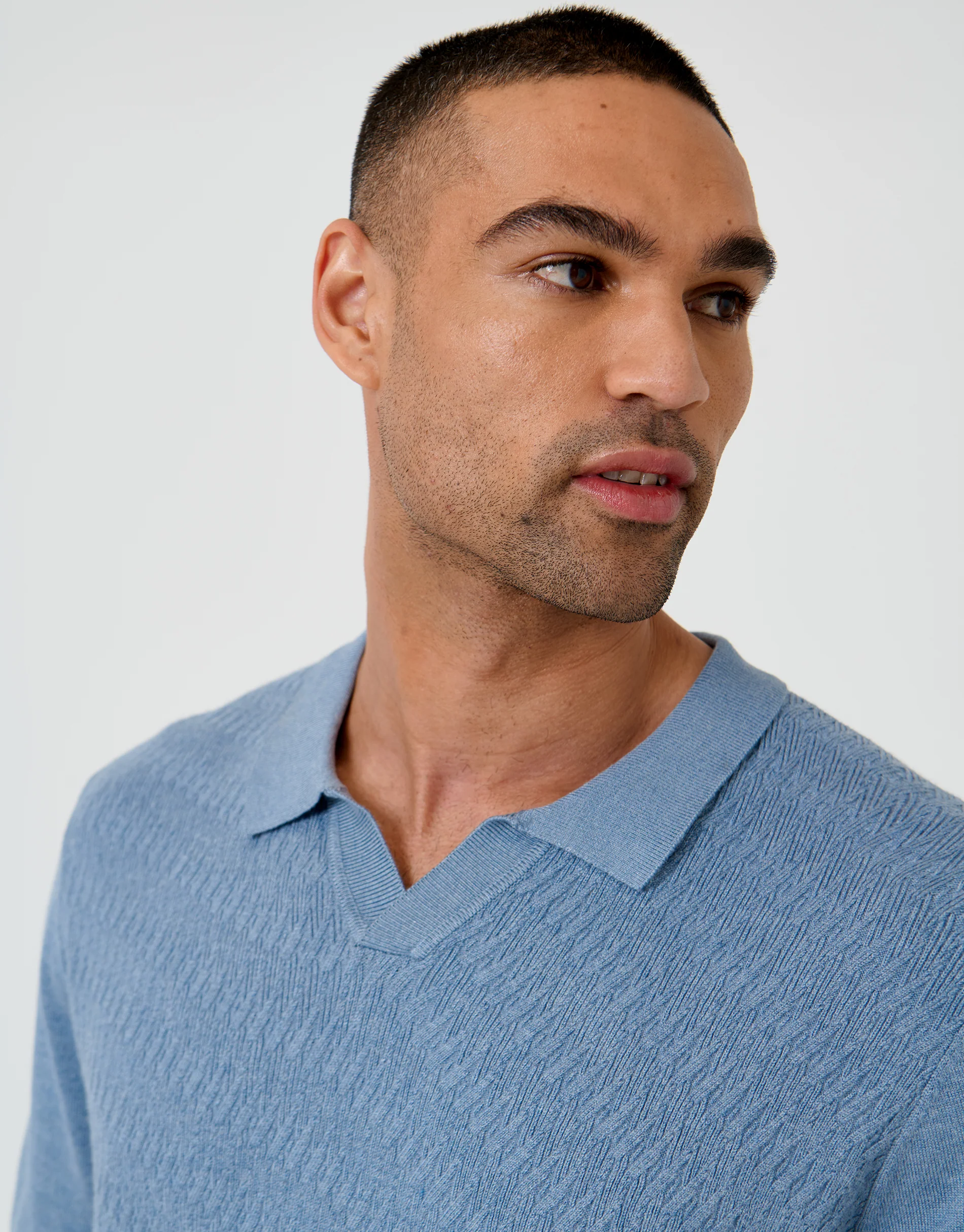 Textured Knit Front Trophy Neck Polo in Denim Blue - Image 4