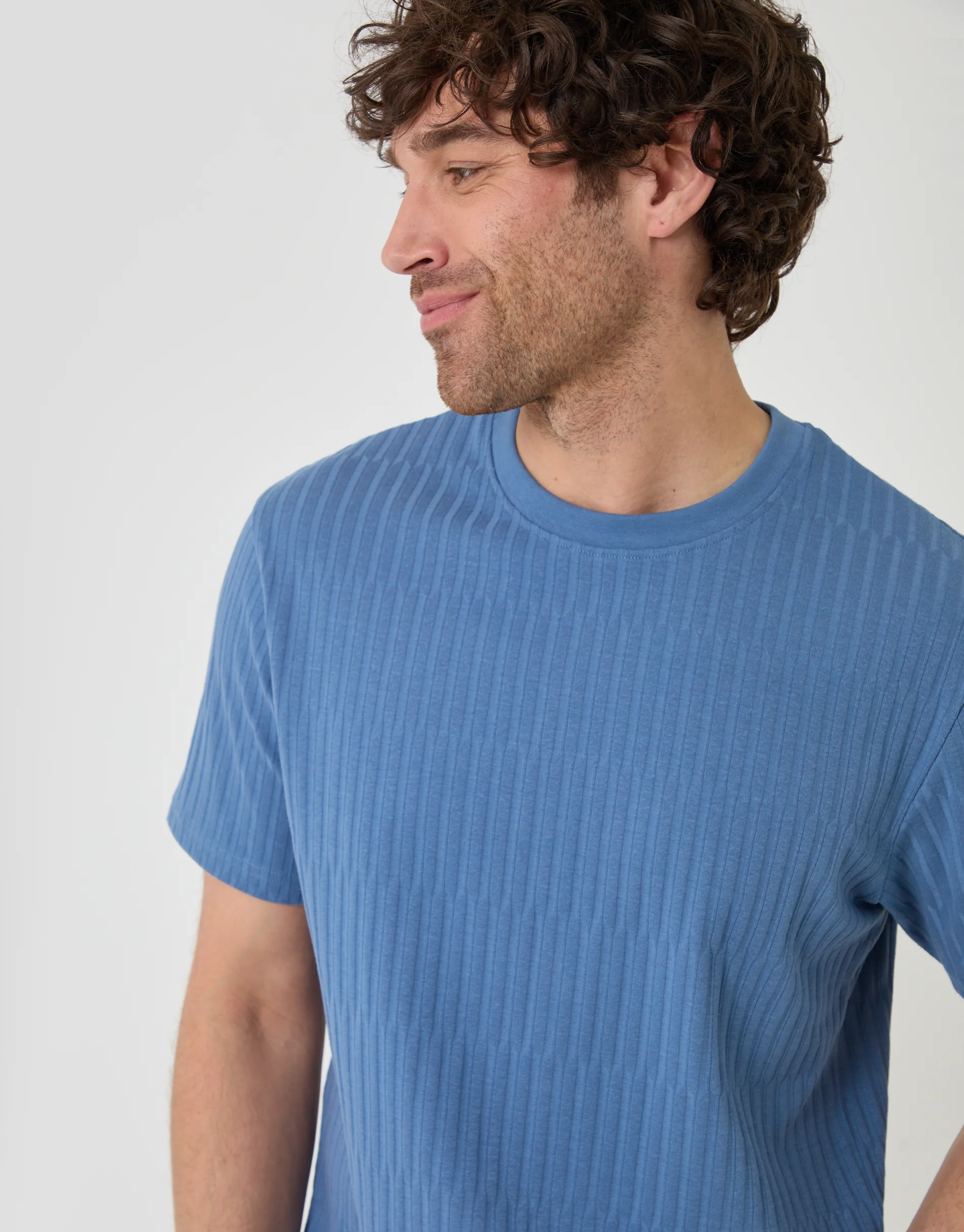 Textured Rib Cotton Crew Neck T-Shirt in Denim Blue - Image 4