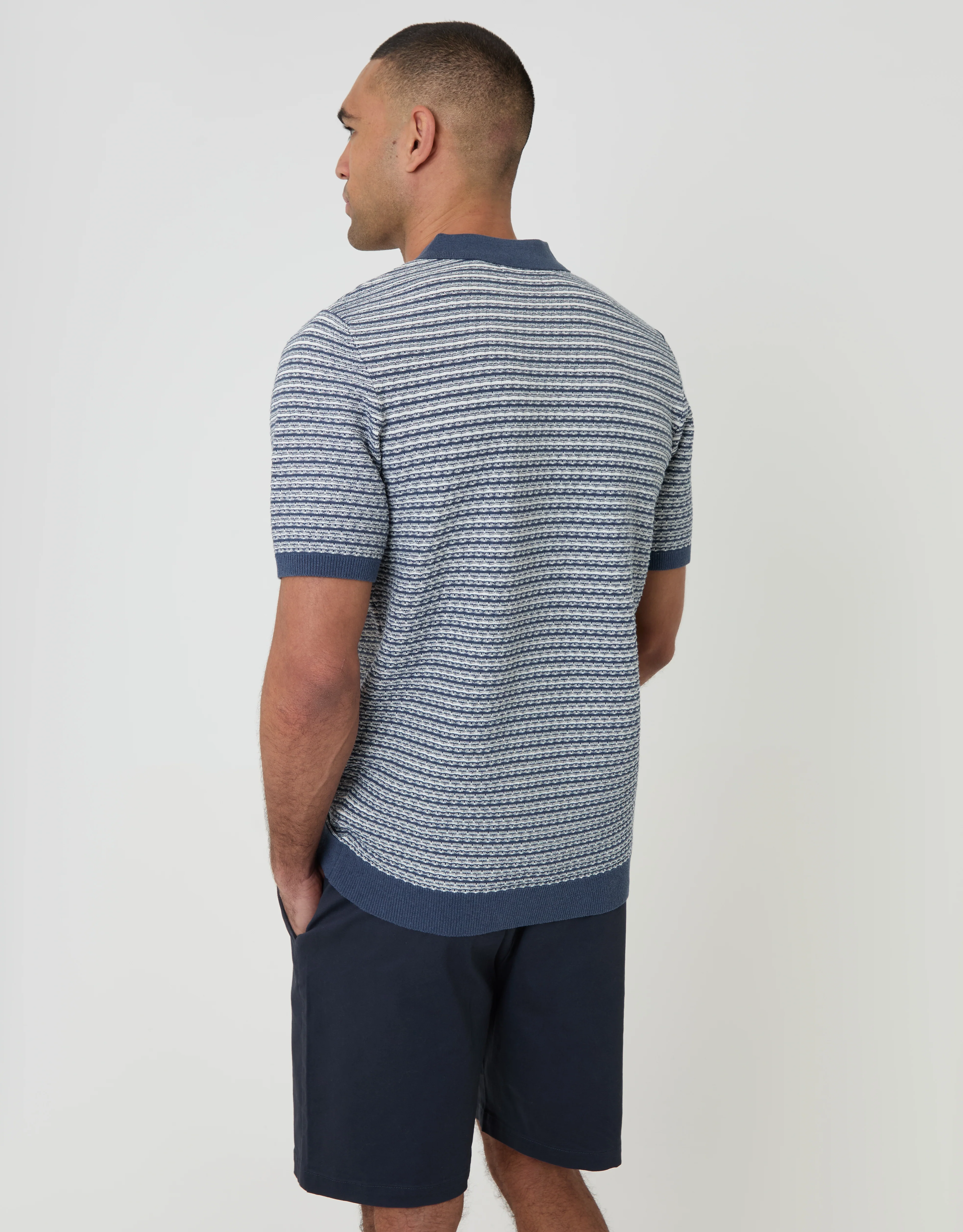 Textured Knitted Polo in Denim Blue Stripe - Image 2