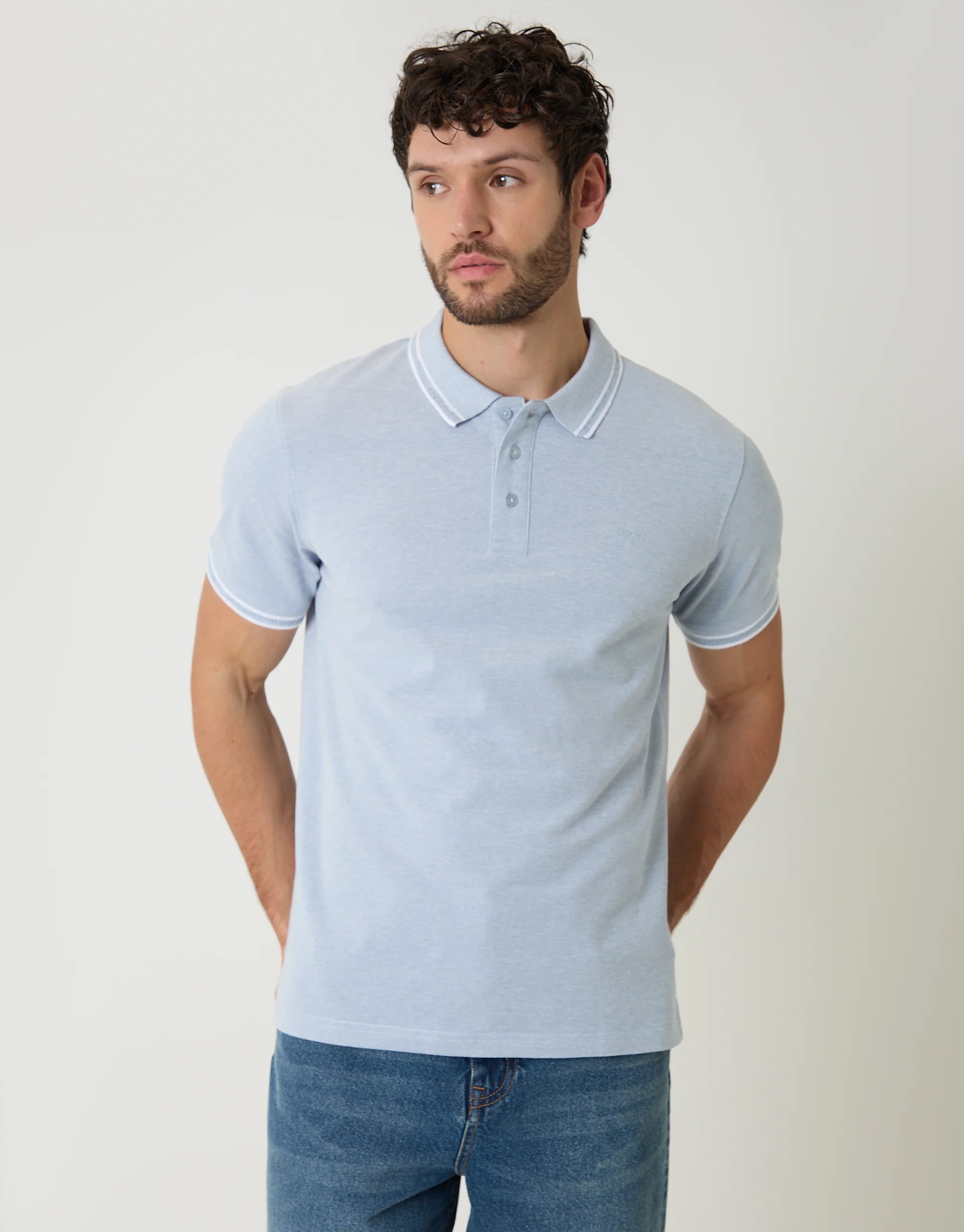 Two Tone Cotton Pique Polo Shirt in Denim Blue