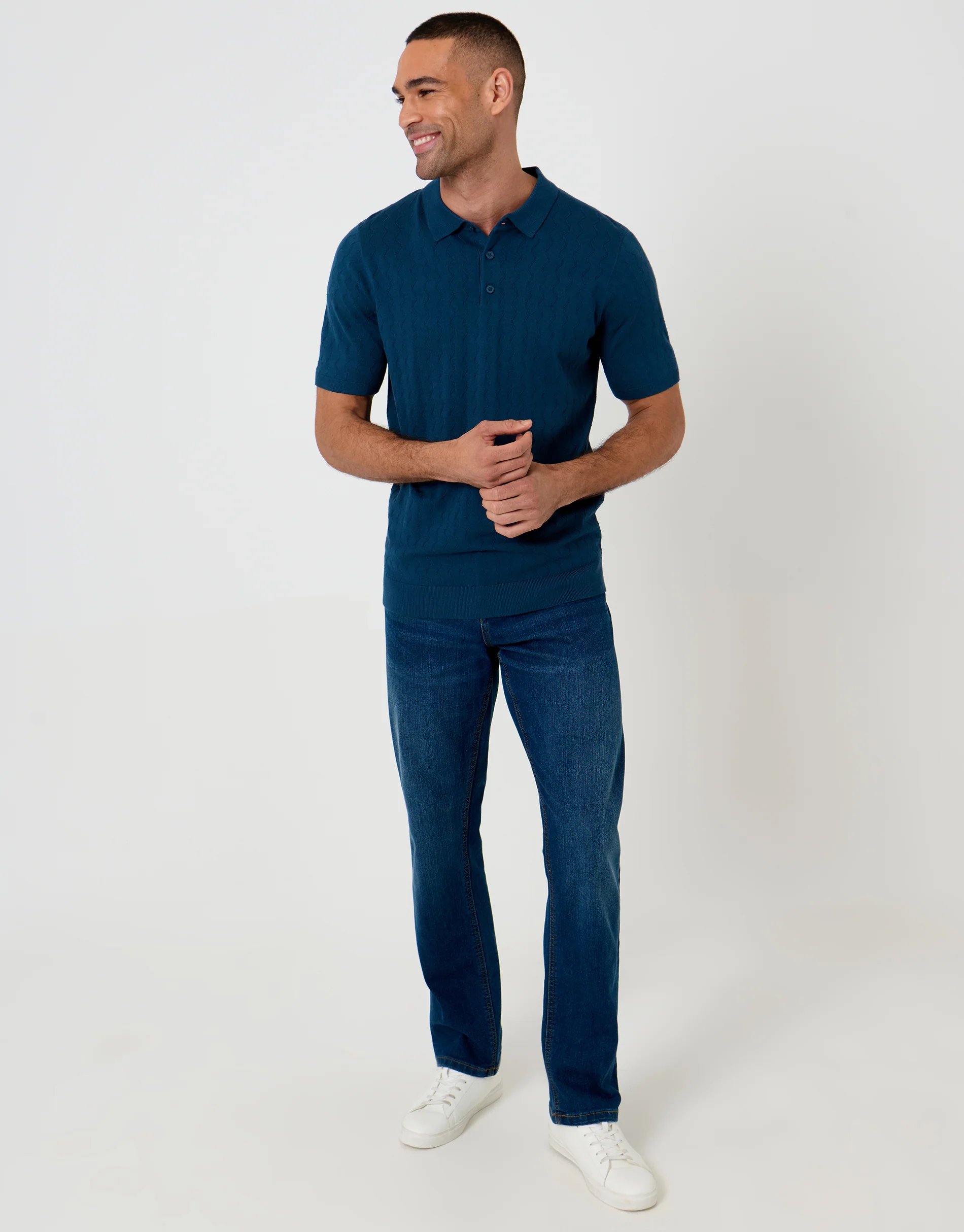 Zig Zag Stitch Knitted Polo in Denim Blue - Image 3