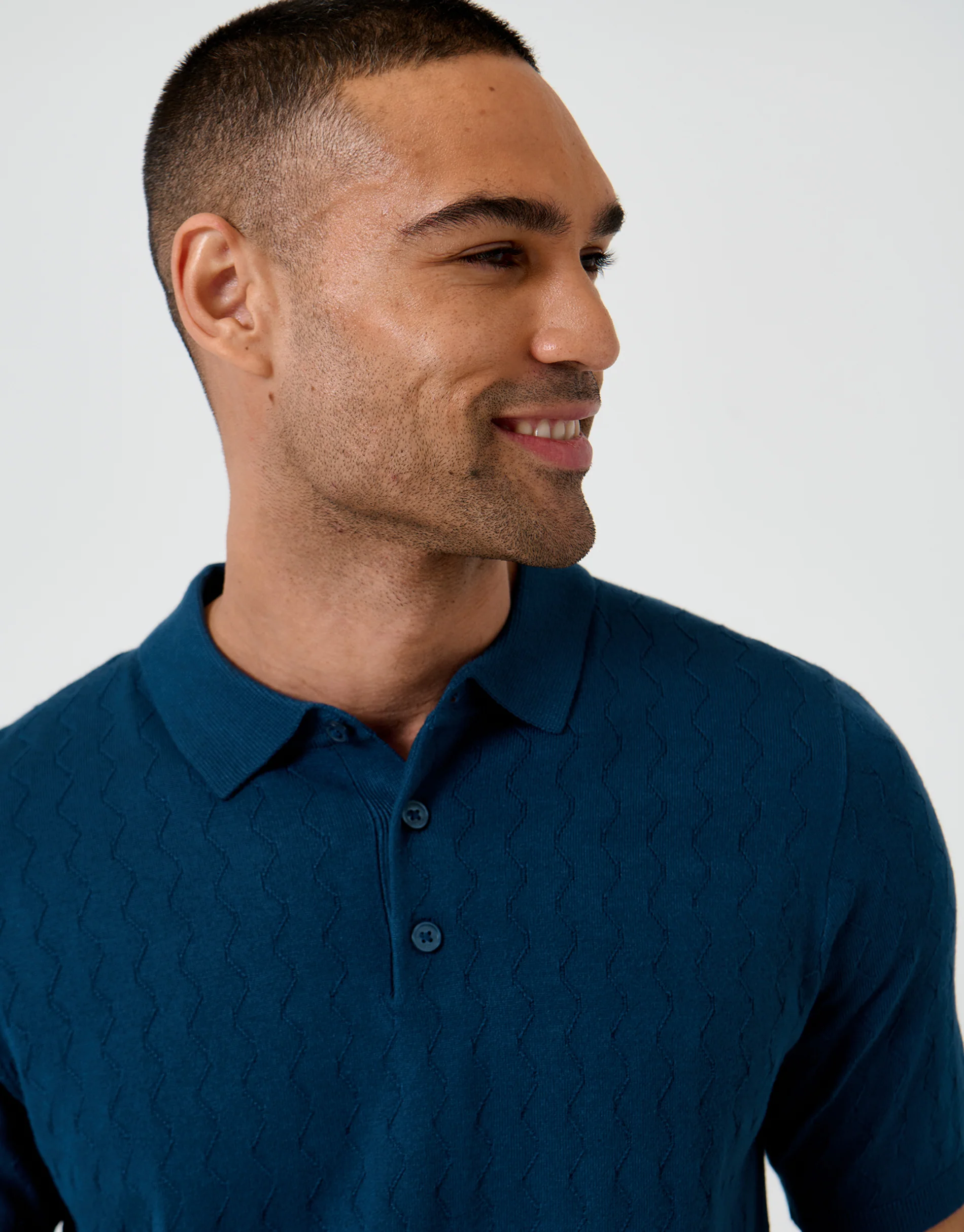 Zig Zag Stitch Knitted Polo in Denim Blue - Image 4