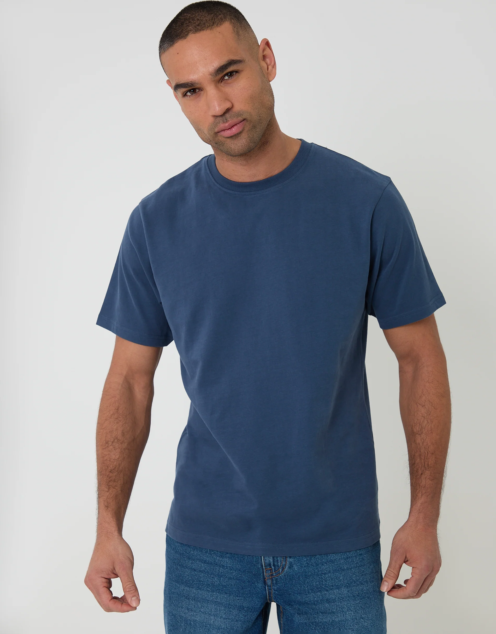 Peached Cotton Crew Neck T-Shirt in Denim