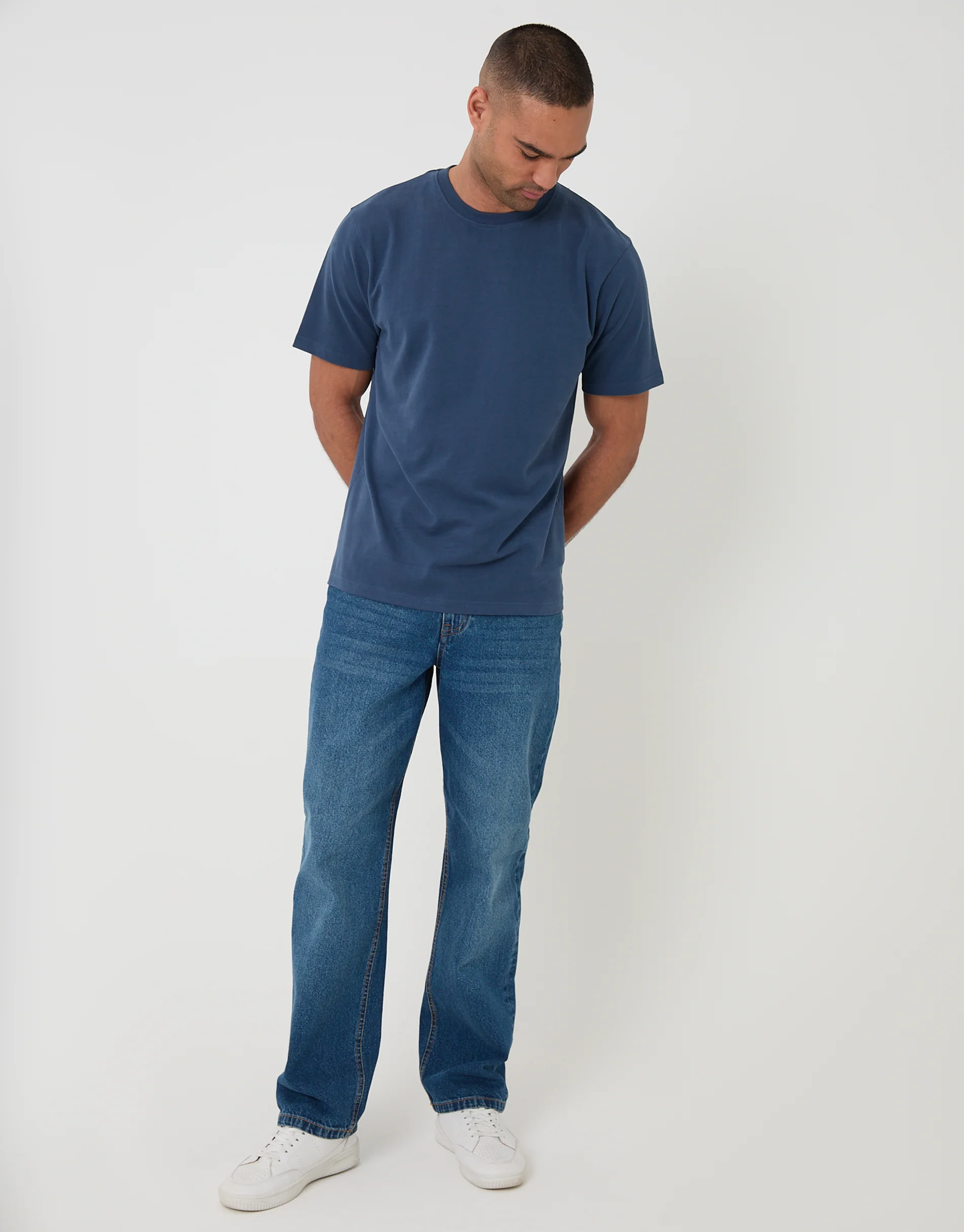Peached Cotton Crew Neck T-Shirt in Denim - Image 3