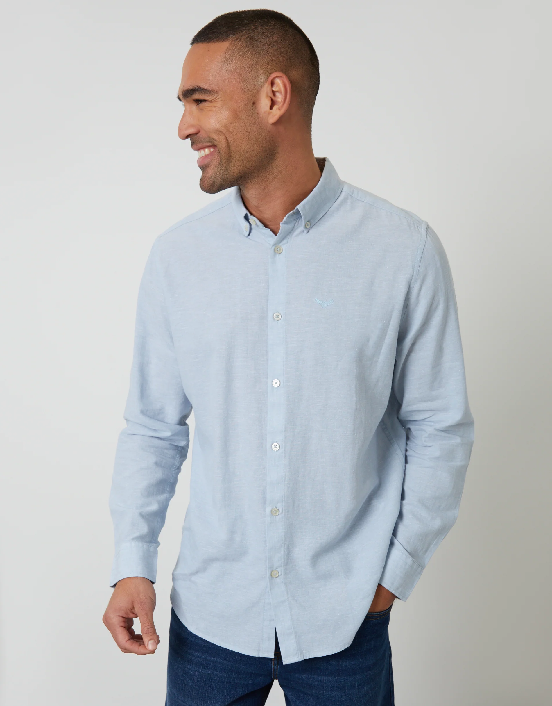 Long Sleeve Linen Blend Shirt in Dusky Blue
