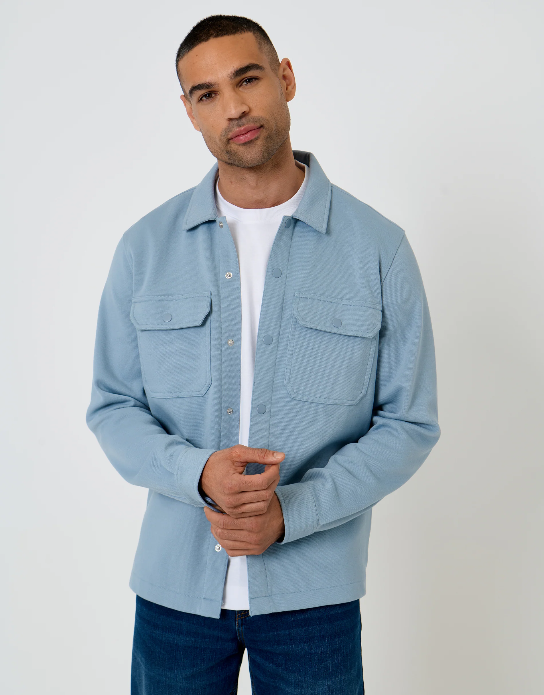 Pique Popper Fastening Shacket in Dusky Blue