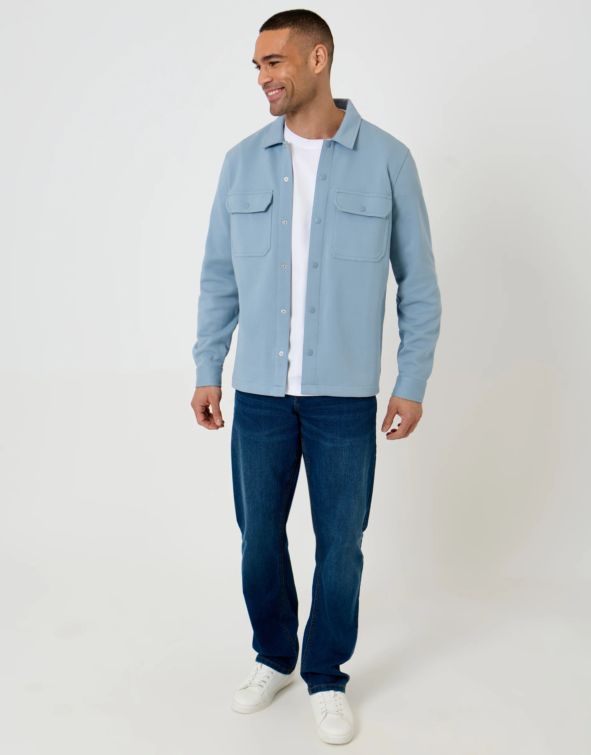 Pique Popper Fastening Shacket in Dusky Blue - Image 3