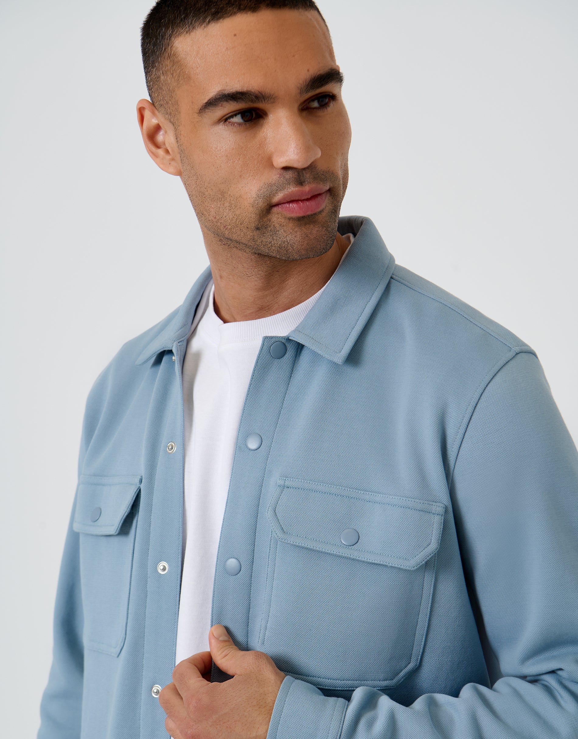 Pique Popper Fastening Shacket in Dusky Blue - Image 4