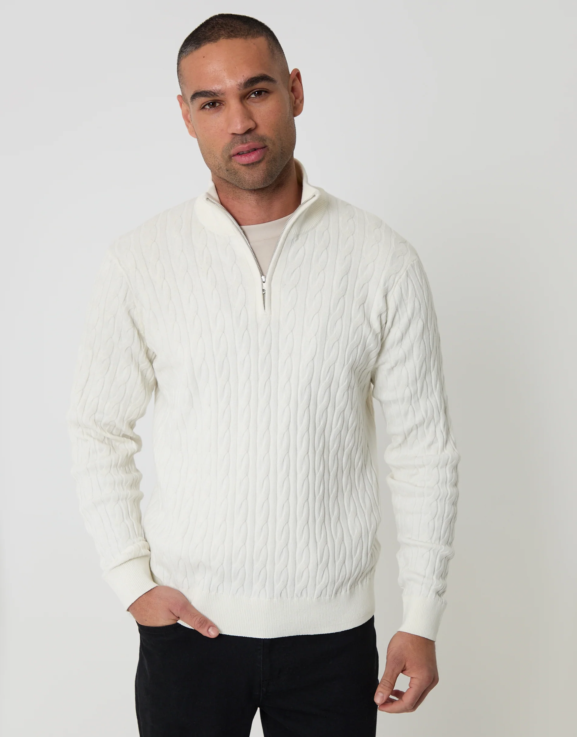 Cable Knit Quarter Zip Jumper in Ecru