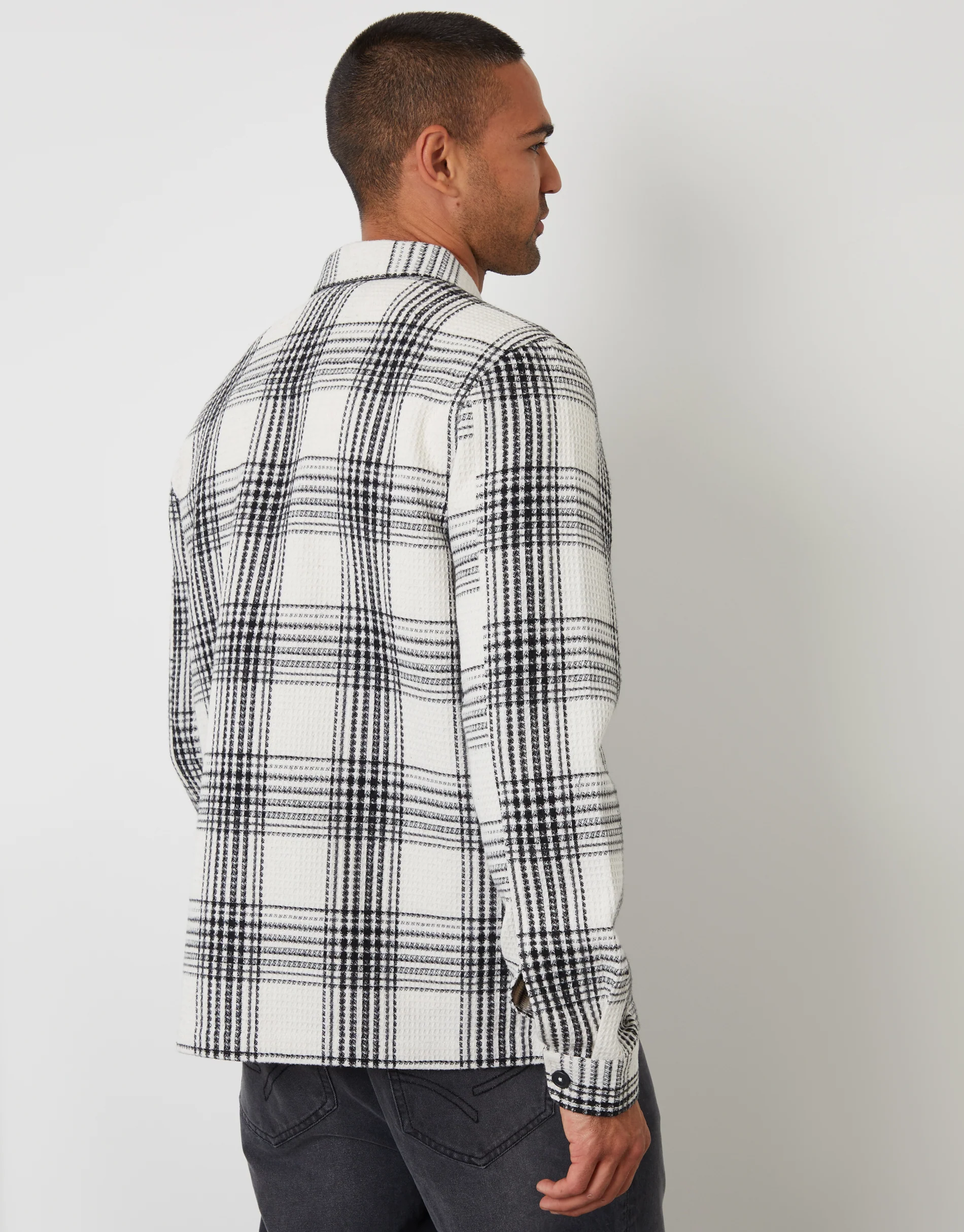 Waffle Textured Shacket in Ecru Check - Image 2