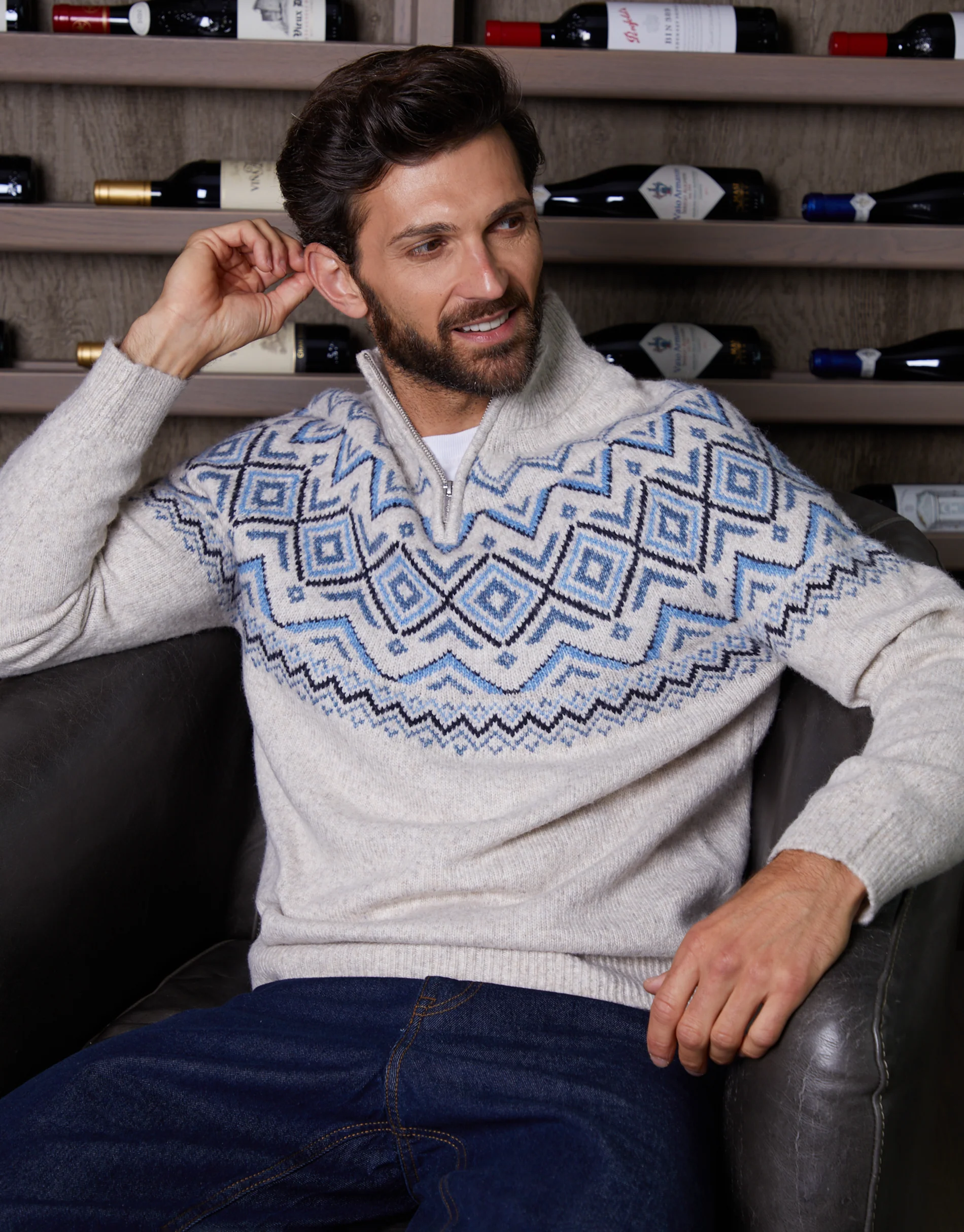 Fairisle Quarter Zip Knitted Jumper in Ecru