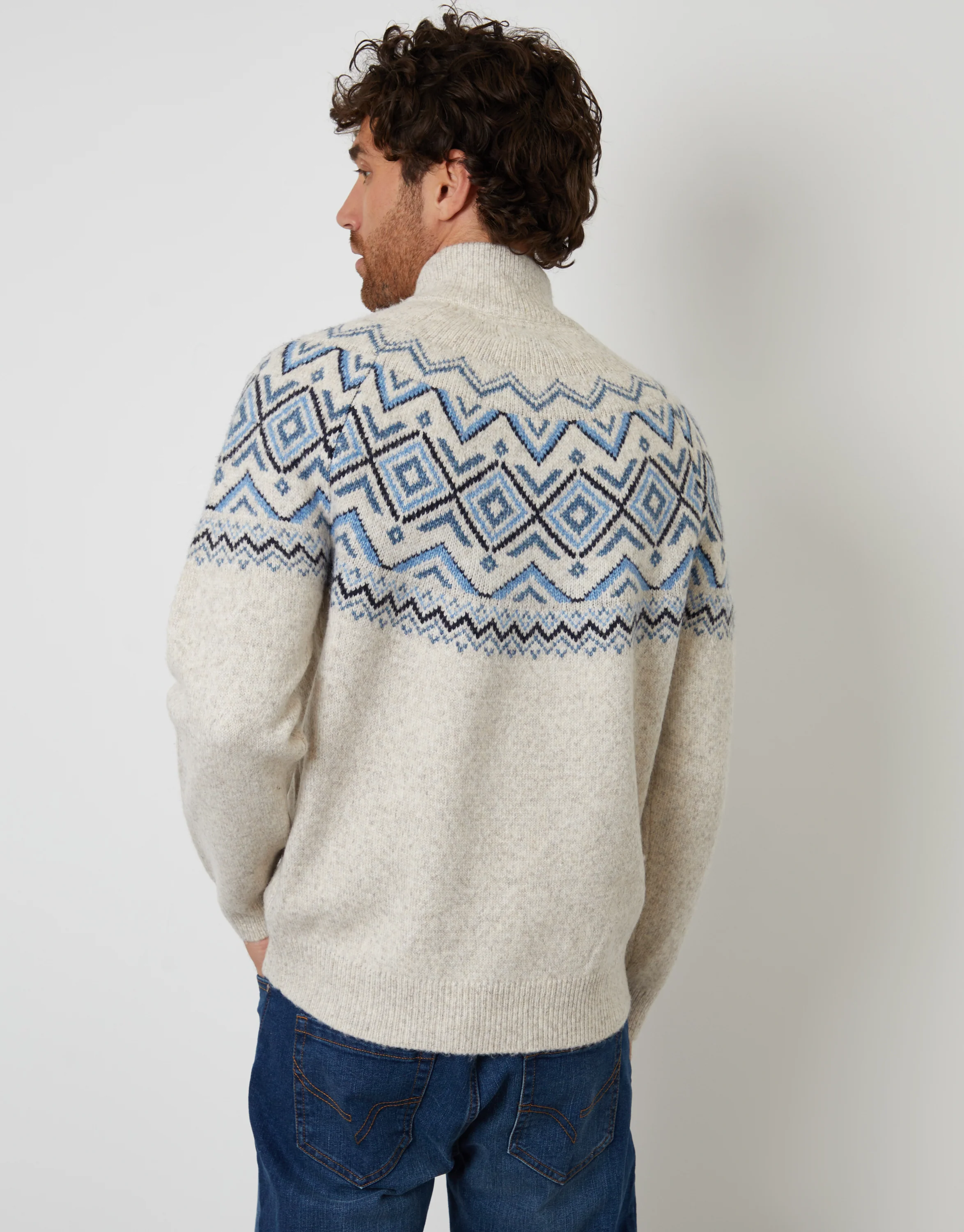 Fairisle Quarter Zip Knitted Jumper in Ecru - Image 3