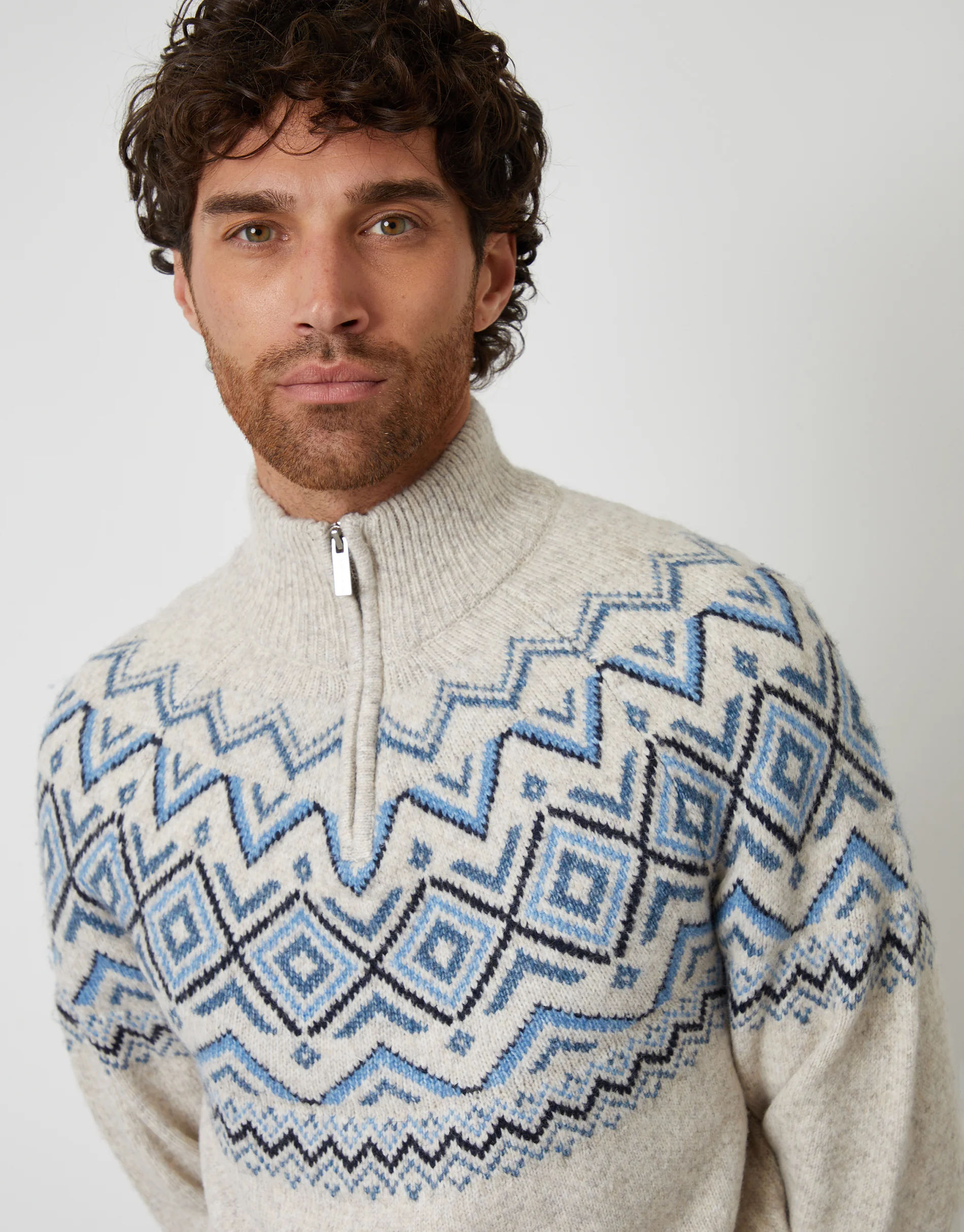 Fairisle Quarter Zip Knitted Jumper in Ecru - Image 5