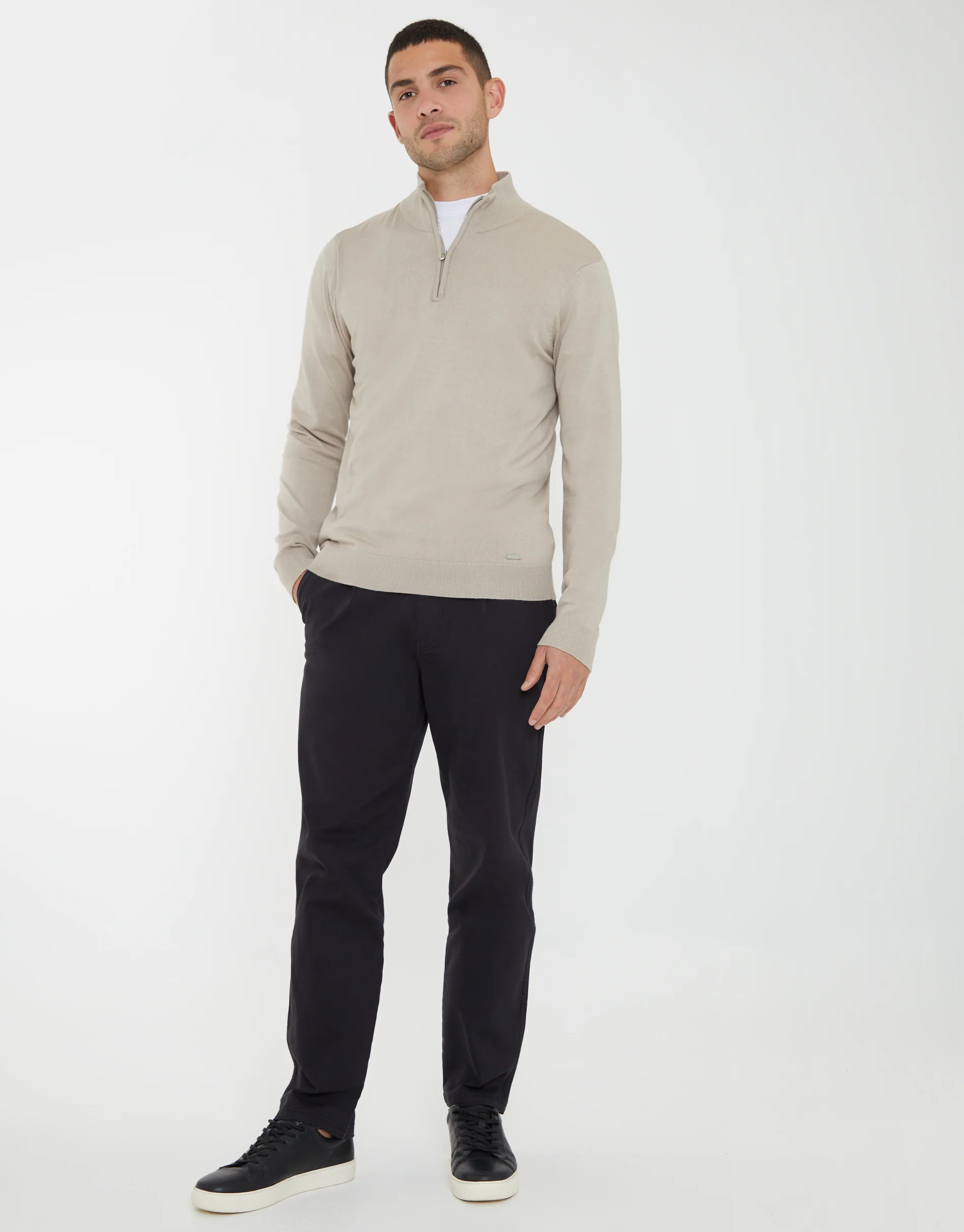 Funnel Neck Quarter Zip Knitted Jumper in Ecru - Image 3