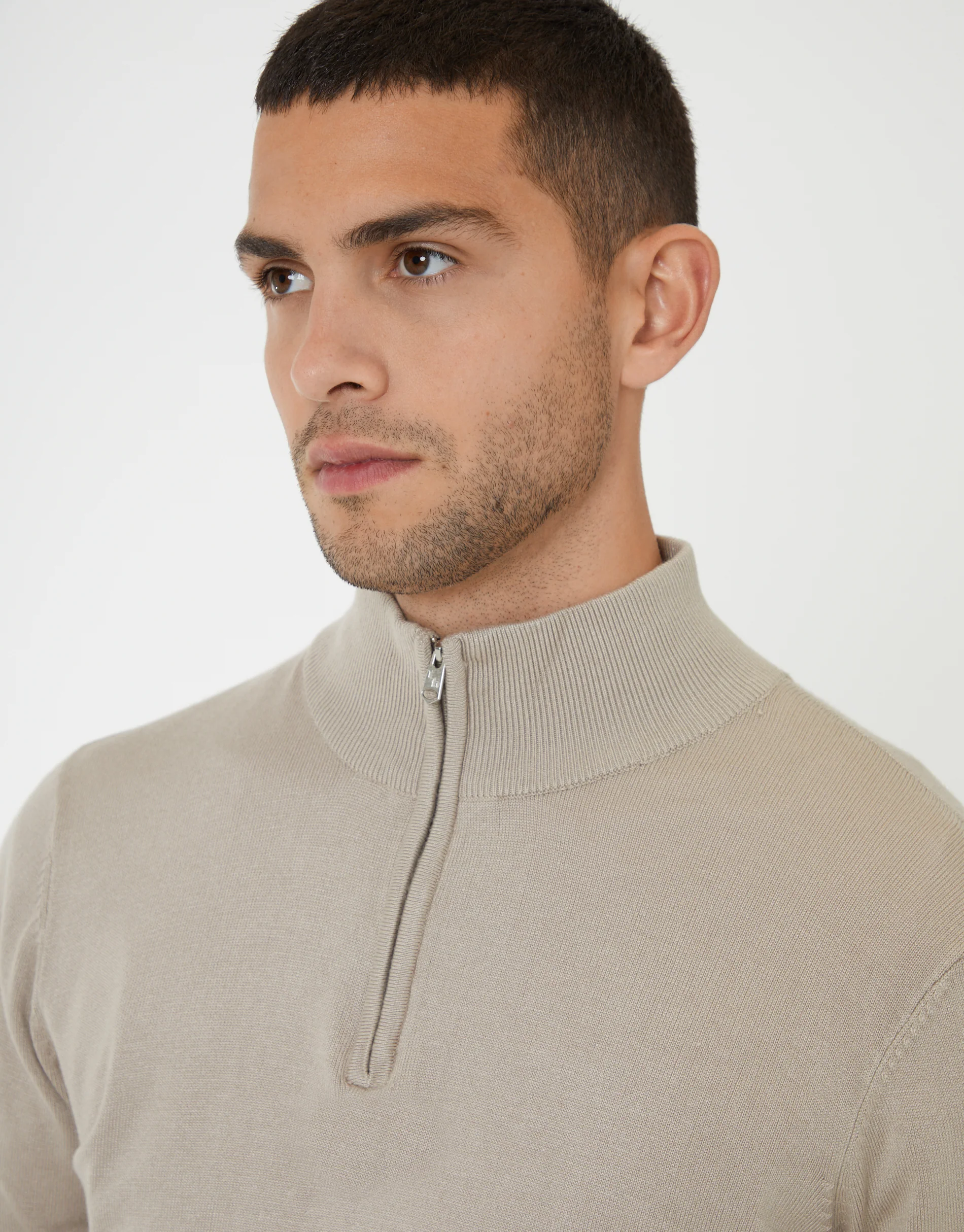 Funnel Neck Quarter Zip Knitted Jumper in Ecru - Image 4