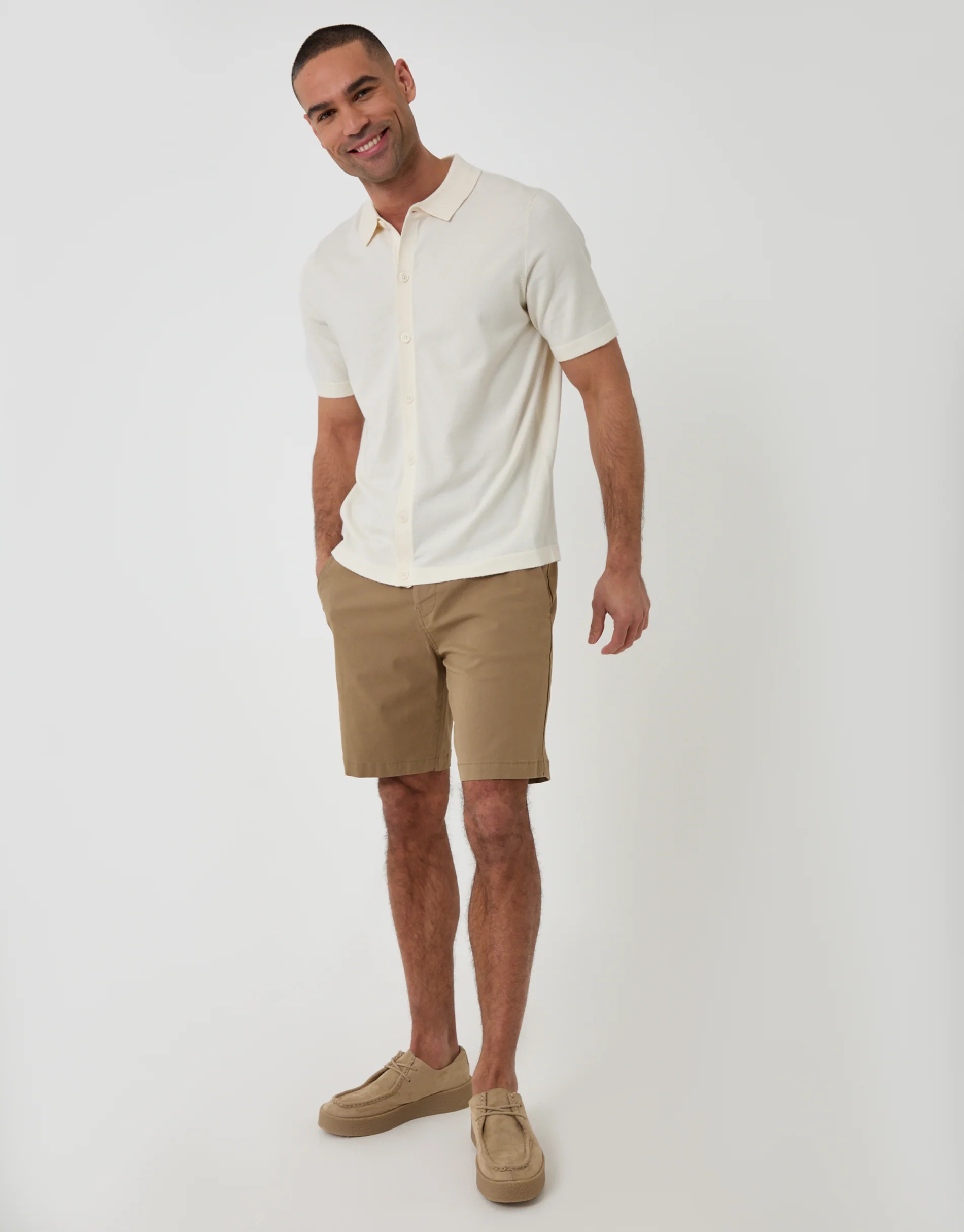 Knitted Short Sleeve Shirt in Ecru - Image 3