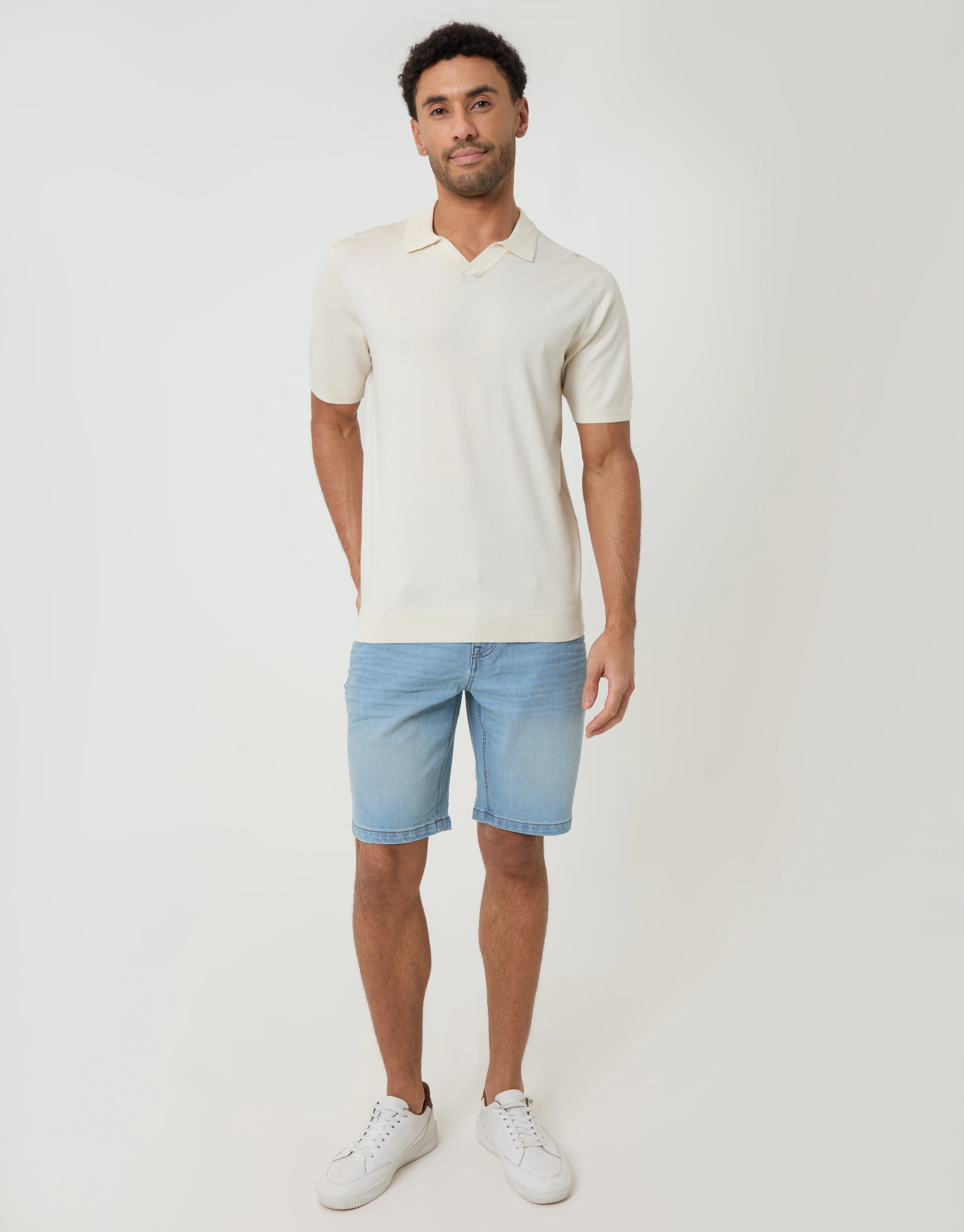Knitted Trophy Neck Polo in Ecru - Image 3