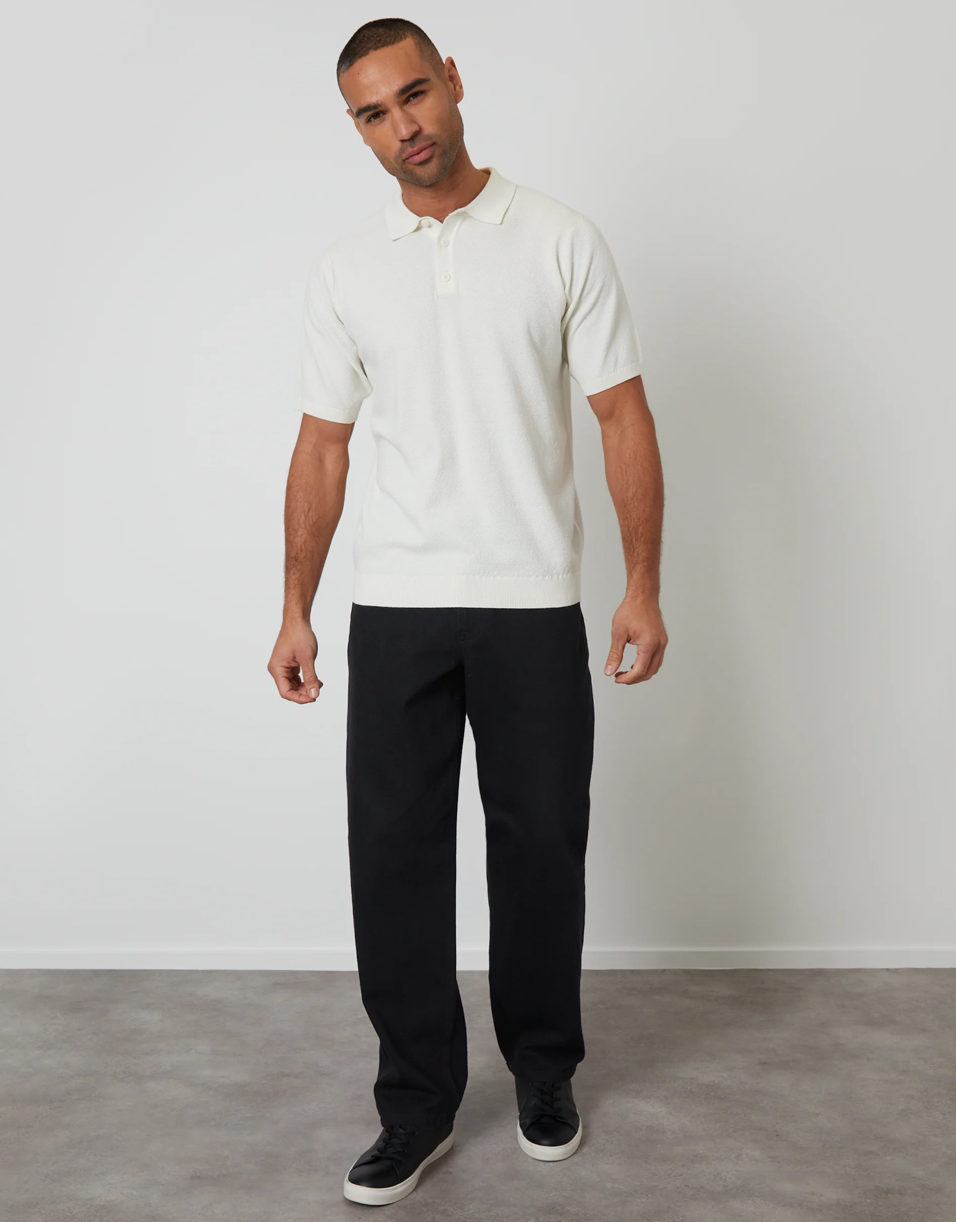 Moss Stitch Knitted Polo in Ecru - Image 3