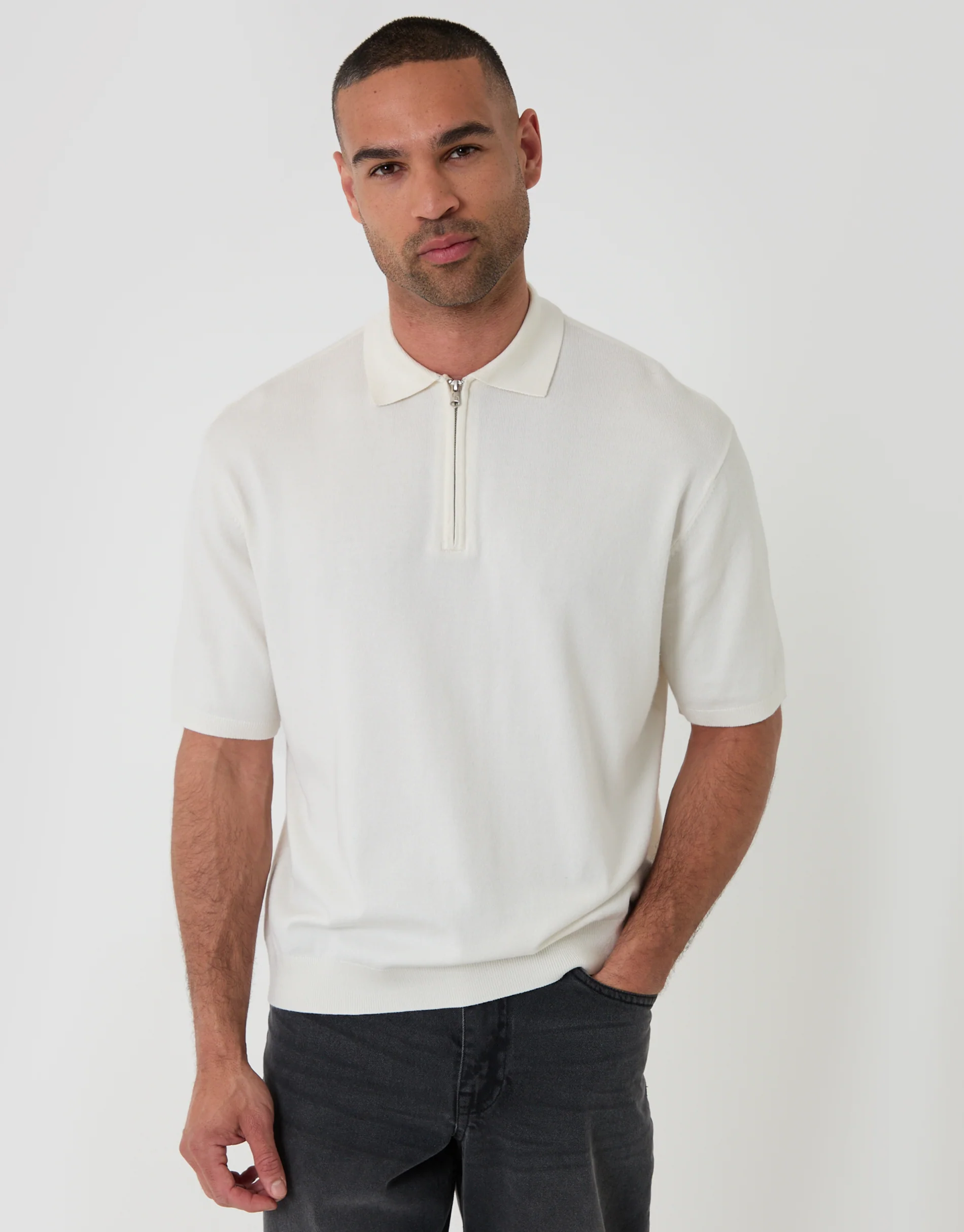 Relaxed Fit Knitted Quarter Zip Polo in Ecru