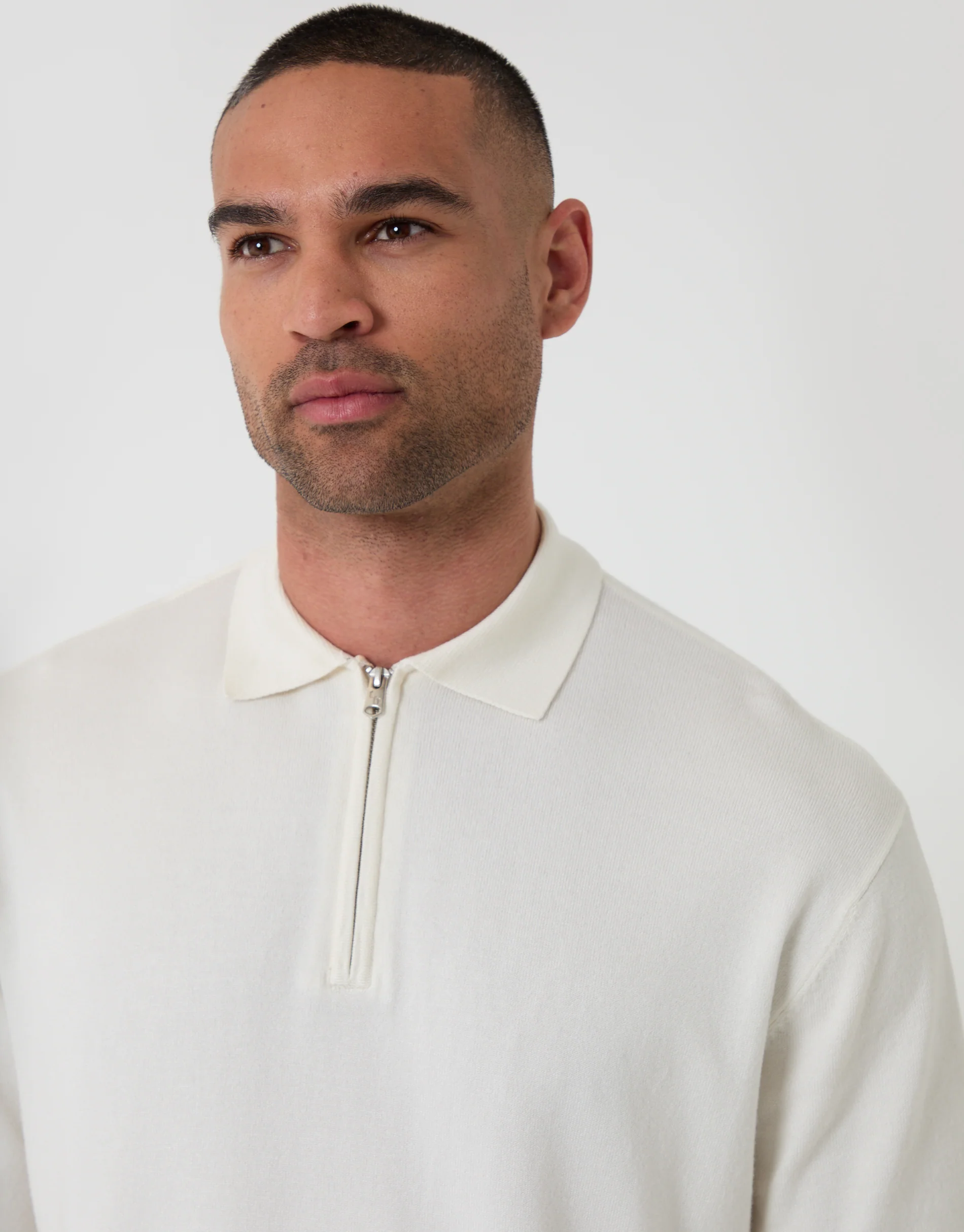 Relaxed Fit Knitted Quarter Zip Polo in Ecru - Image 4