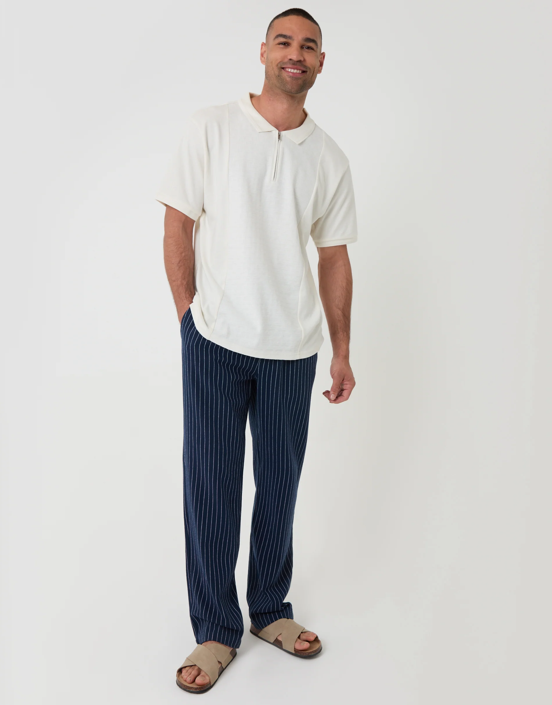 Textured Front Quarter Zip Polo Shirt in Ecru - Image 3