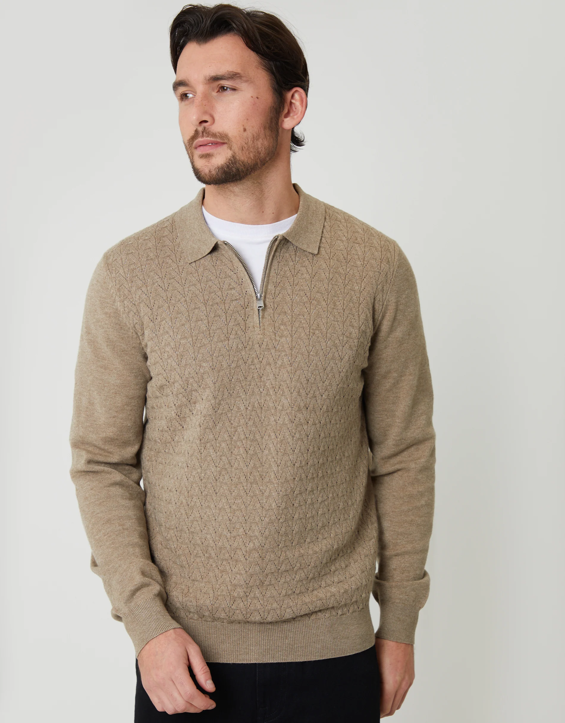 Taupe Textured Knit Quarter Zip Polo Jumper in Ecru