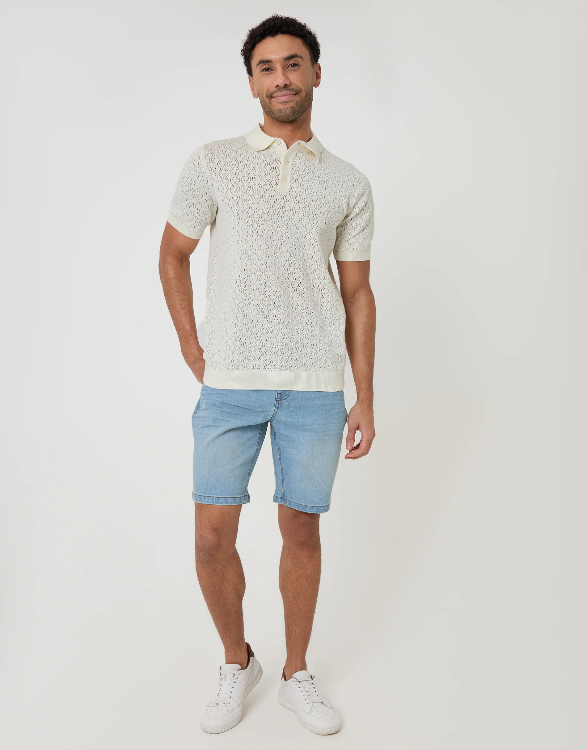 Textured Knit Short Sleeve Polo in Ecru - Image 4