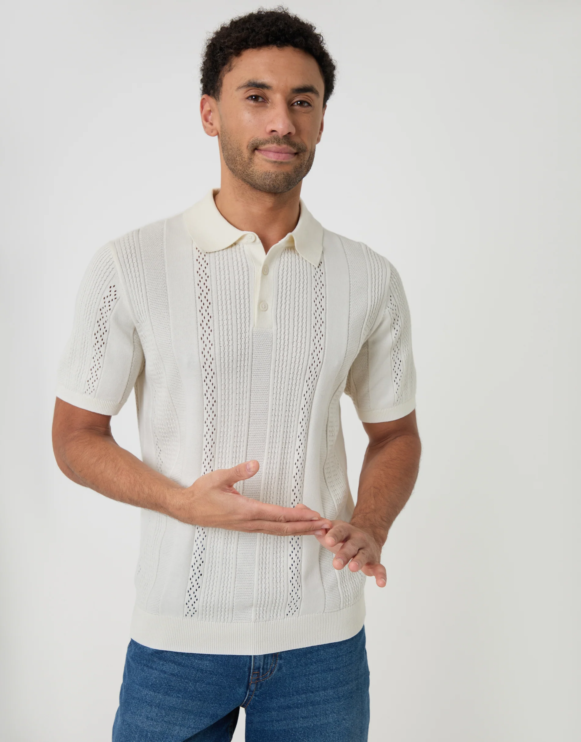 Textured Stripe Knitted Polo in Ecru