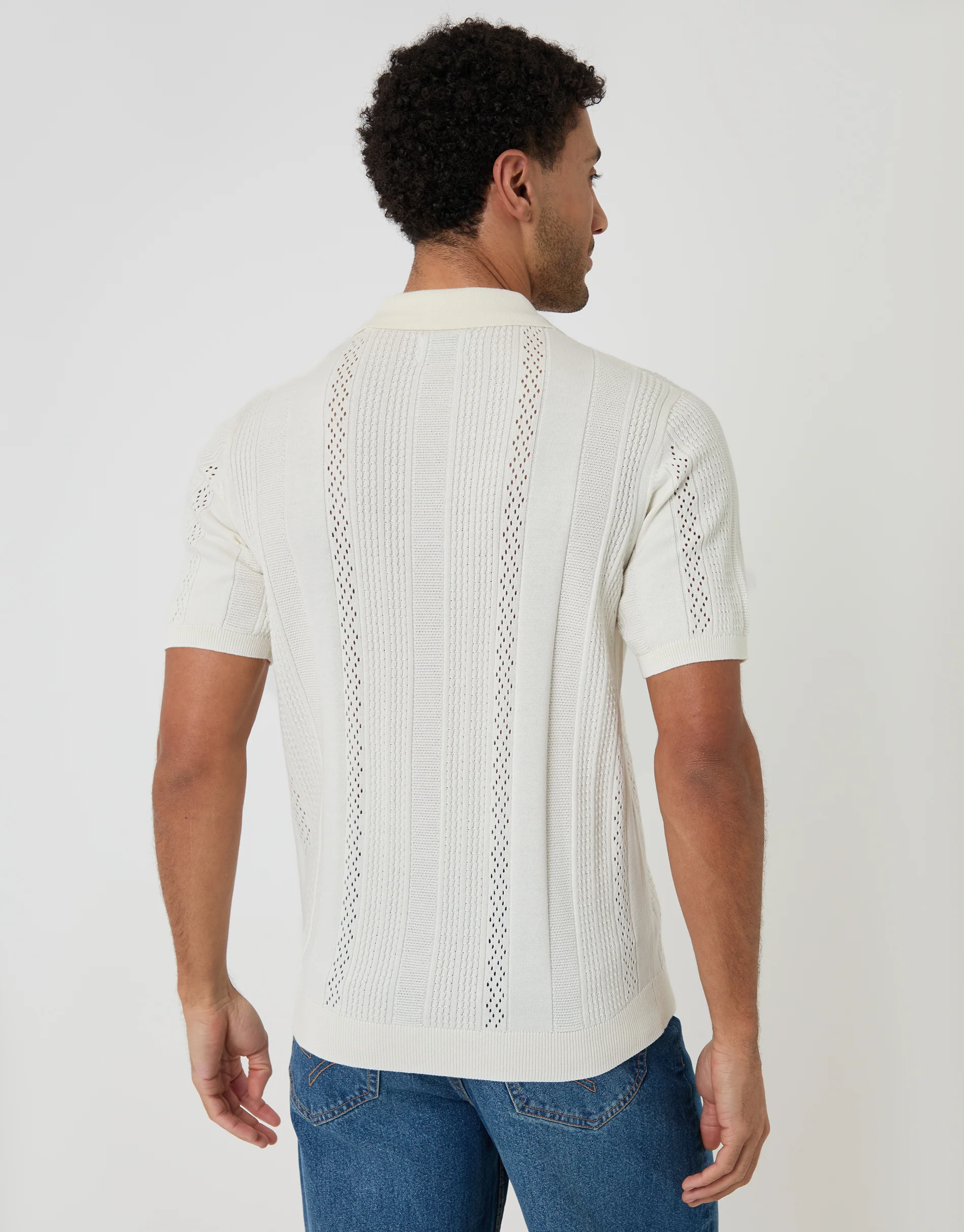Textured Stripe Knitted Polo in Ecru - Image 2