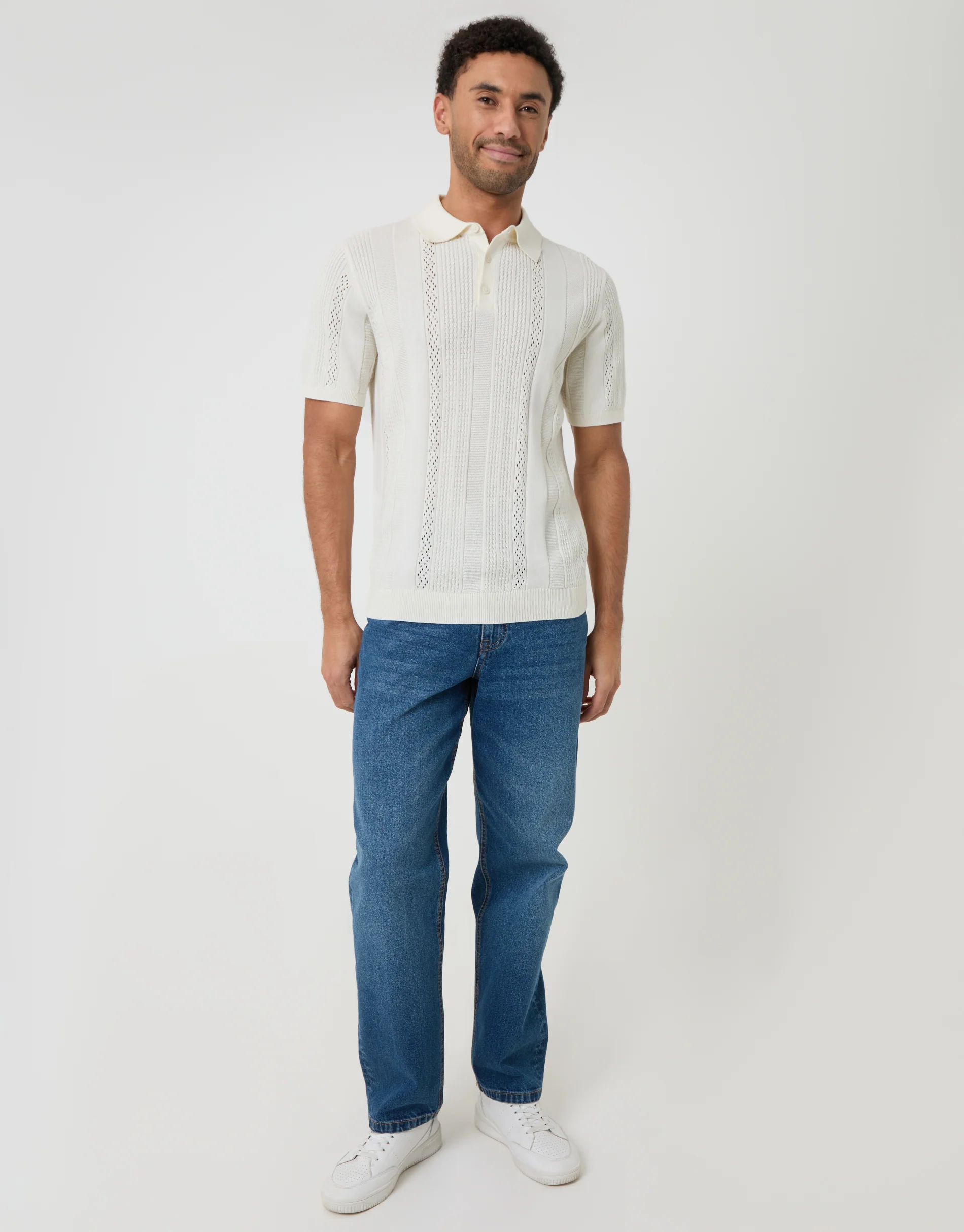 Textured Stripe Knitted Polo in Ecru - Image 3