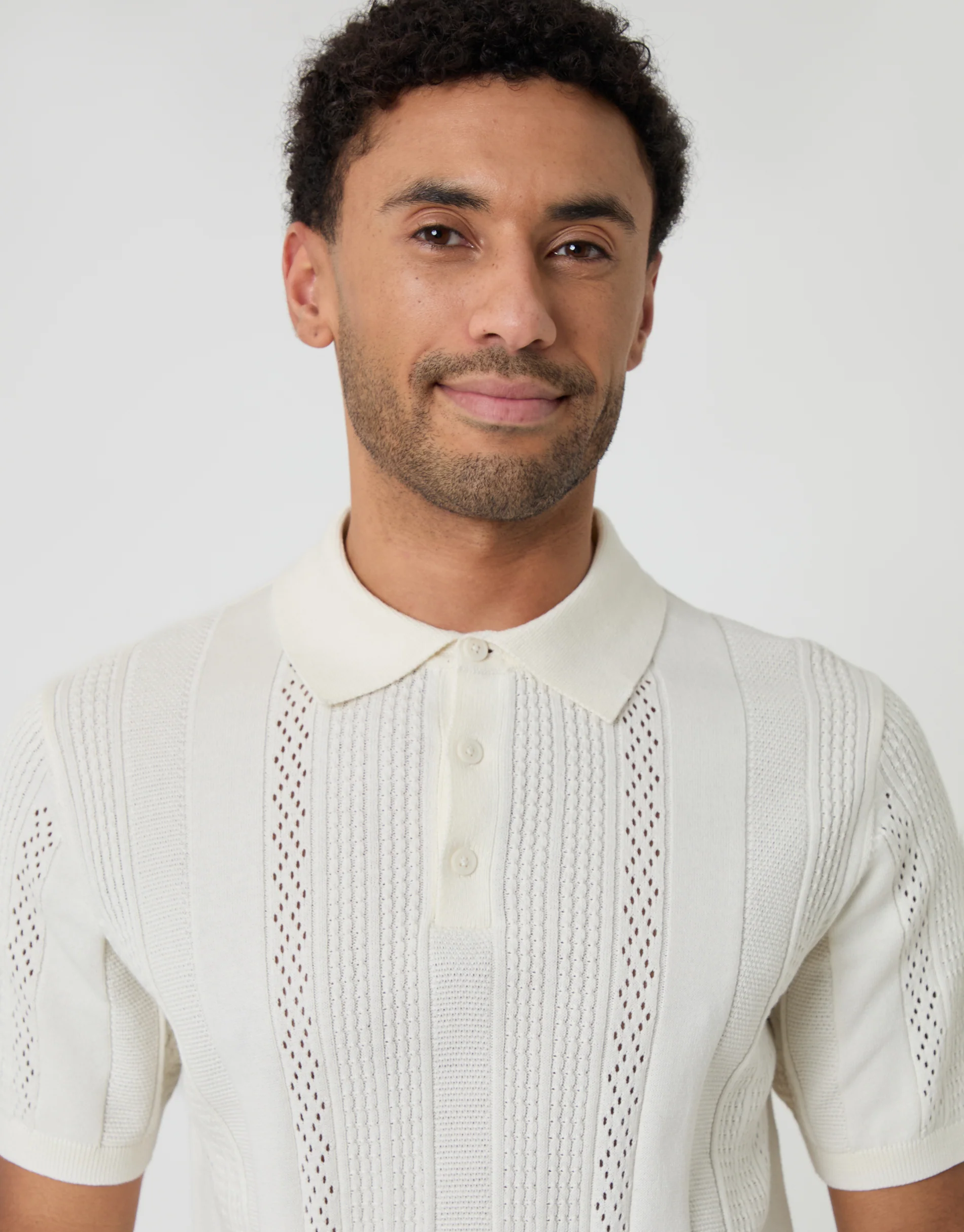 Textured Stripe Knitted Polo in Ecru - Image 4