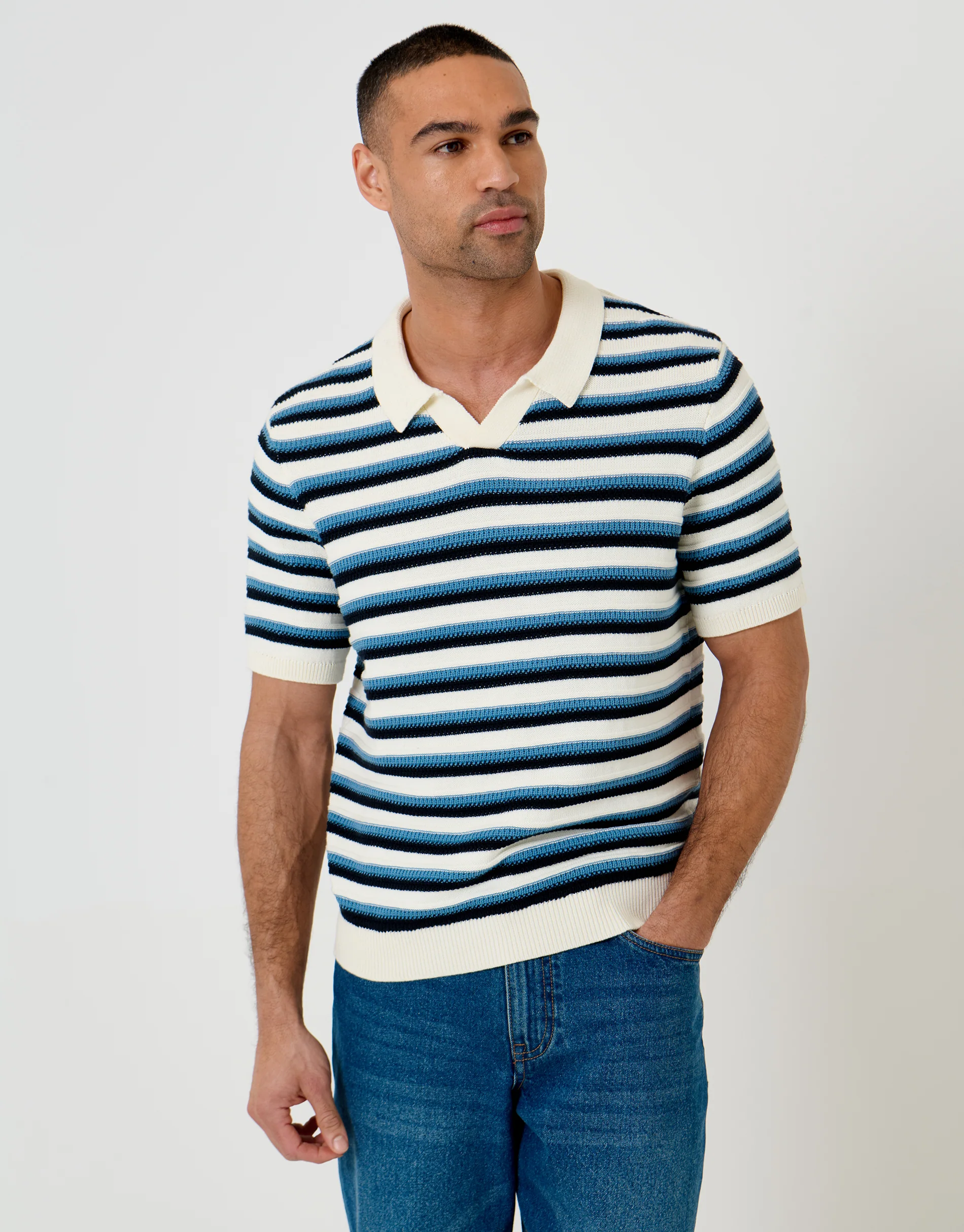 Textured Knitted Trophy Neck Polo in Ecru Stripe