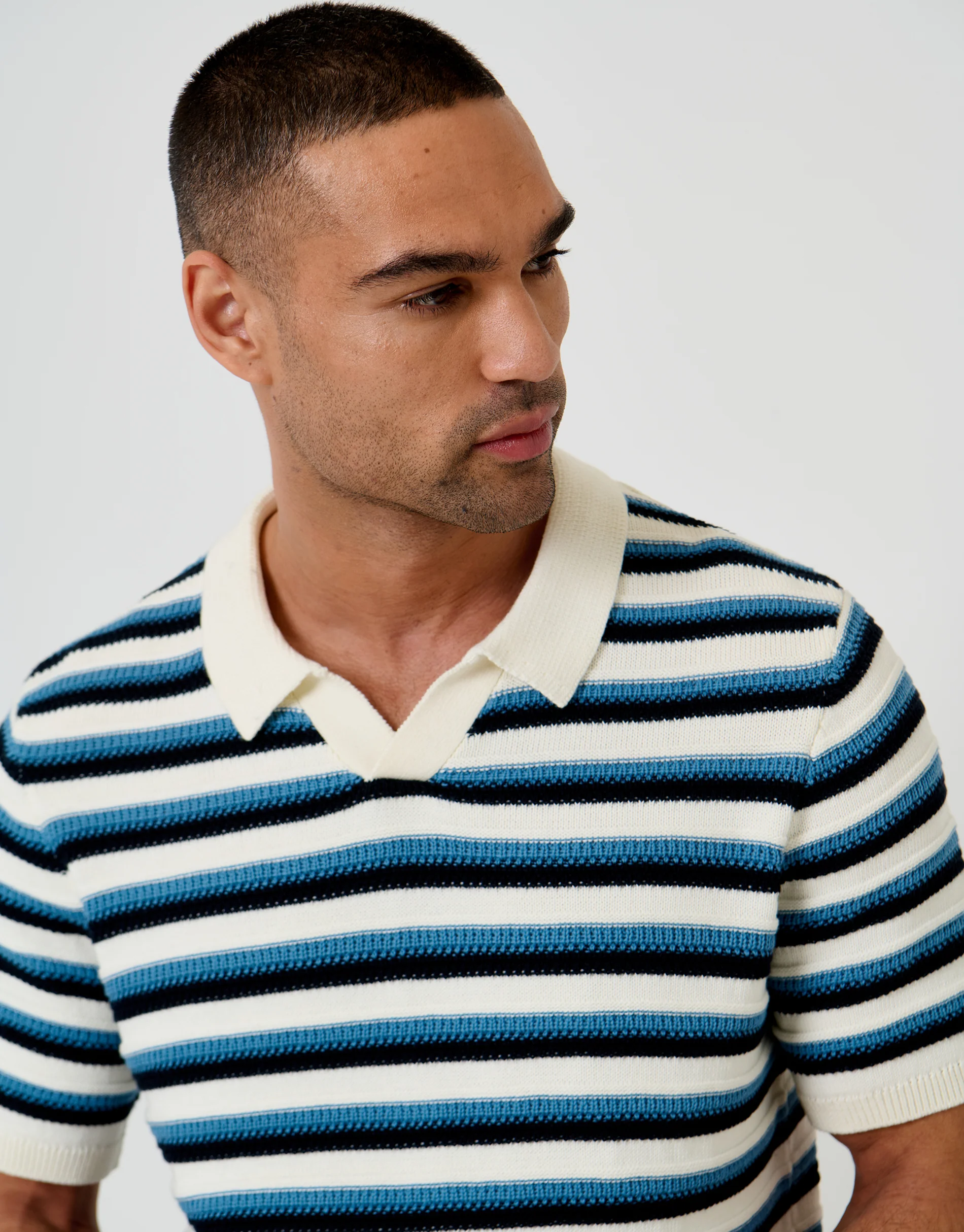 Textured Knitted Trophy Neck Polo in Ecru Stripe - Image 4