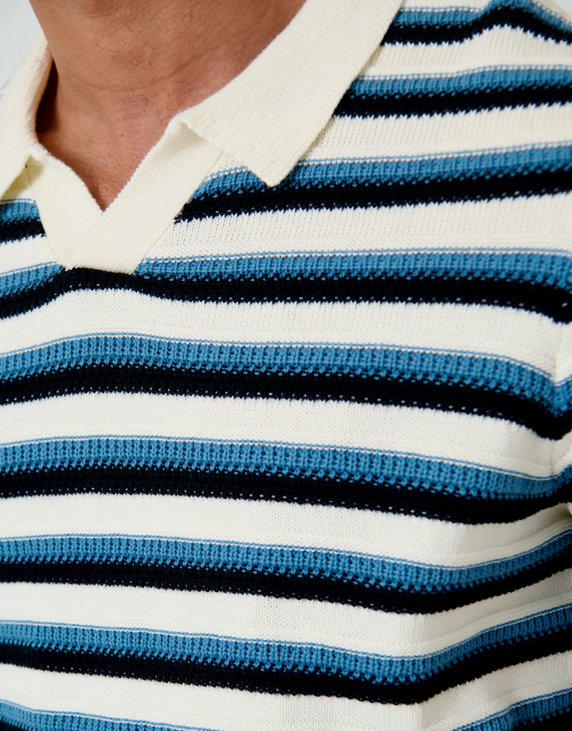 Textured Knitted Trophy Neck Polo in Ecru Stripe - Image 5