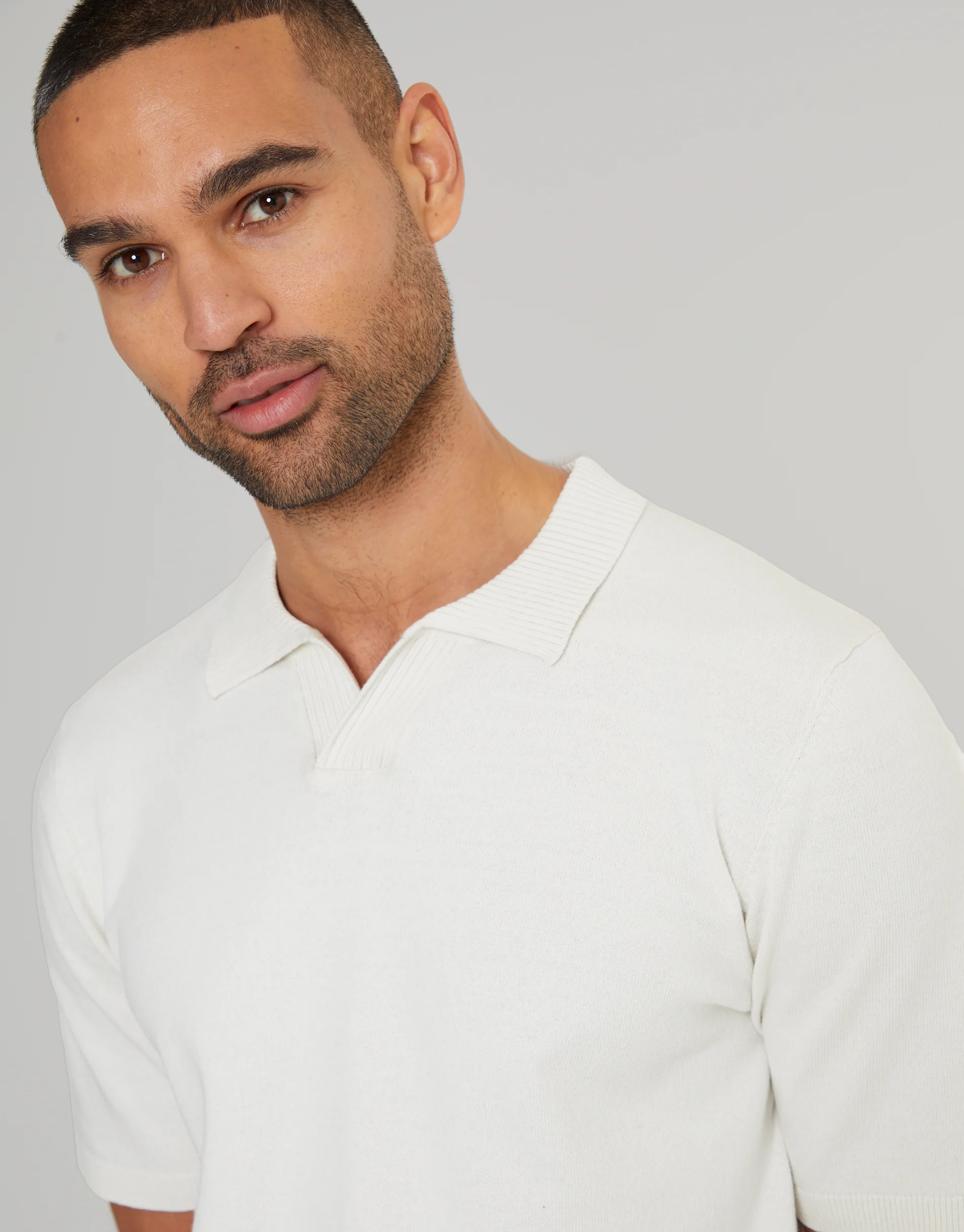 Trophy Neck Knitted Polo in Ecru - Image 4