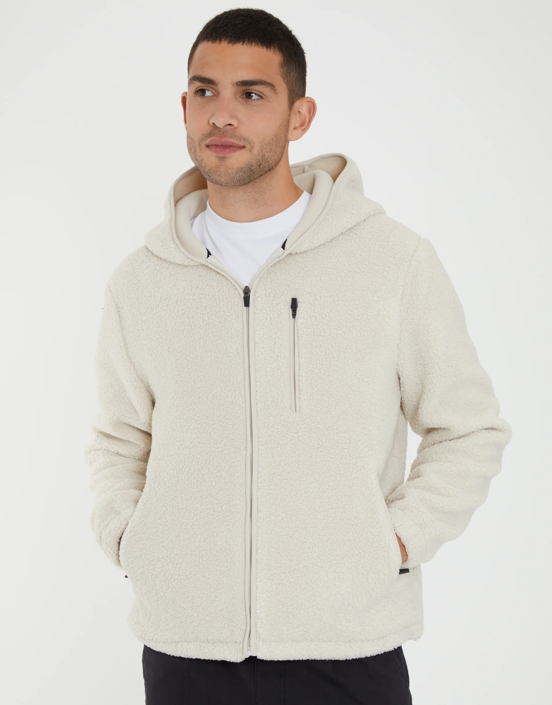 Zip Through Borg Hoodie in Ecru